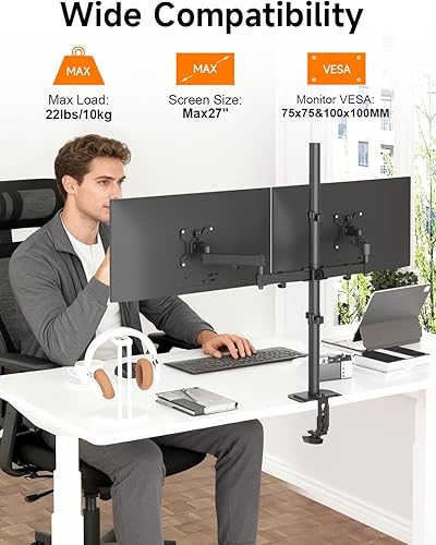 Miniatura 3 de Bracwiser Soporte de brazo de monitor doble totalmente ajustable de 31.5 pulgadas de alto, se adapta a dos pantallas de 13 a 27 pulgadas, 22 libras