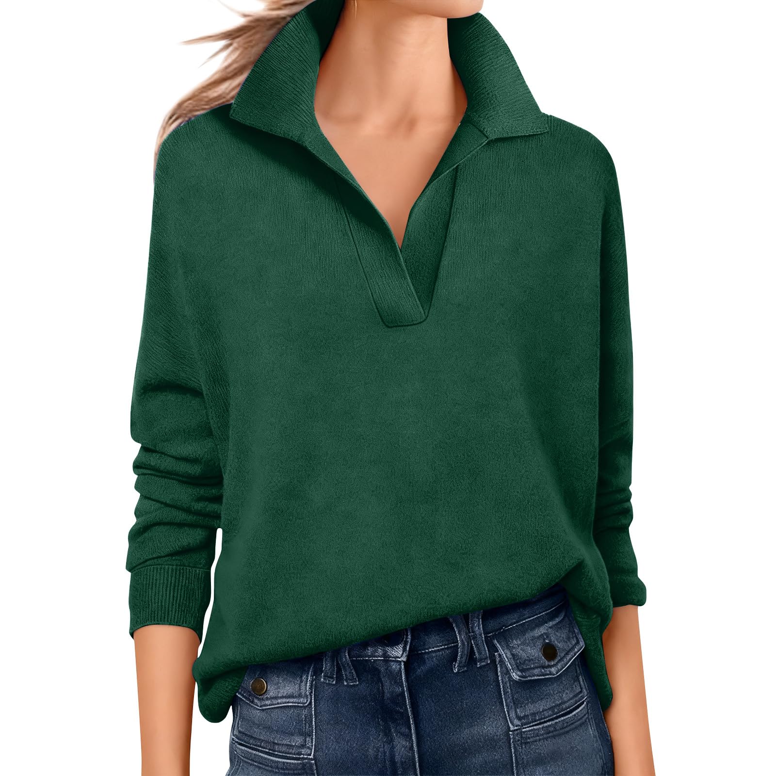 Plus Size Sweater Tops for Women V Neck Polo Sweat Shirt Lapel Knitted Tunic Pullover Sweatshirt Casual Fall