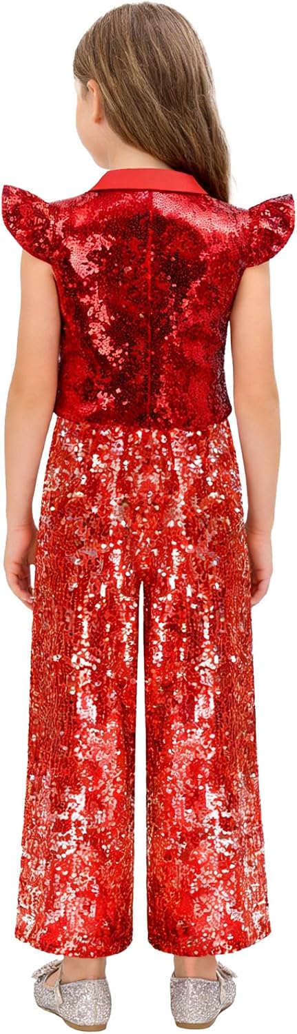 Kids Girls Sequins Hip-hop Jazz Disco Dance Costume Crop Top with Pants 2pcs Performance Outfit Y Red 12 Years