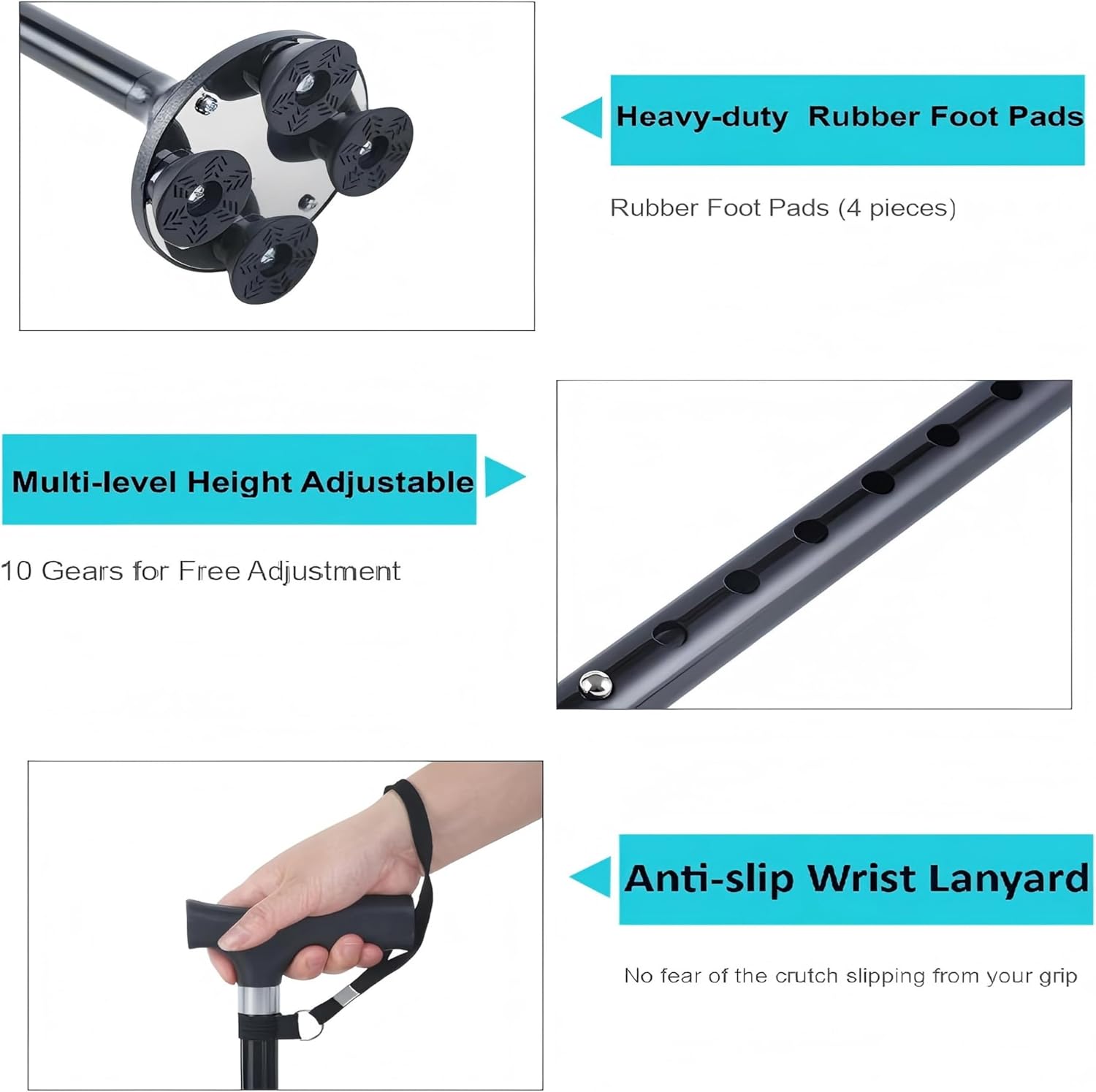 Foldable Walking Cane for Men & Women - Adjustable 6-Pronged, Self-Standing, Lightweight Walking Stick with 360° Non-Slip Base & Wrist Strap for Seniors Adults Disabled