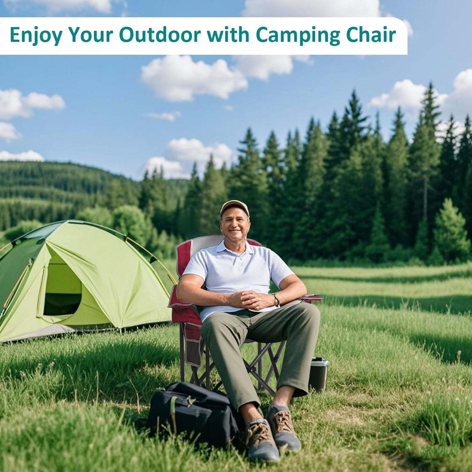 Camping Chair Heavy Duty High Back Folding Chair with Cup Holder, 450lbs Capacity, Padded Seat, Cooler Bag & Storage Pocket, Portable for Outdoor, Beach, Fishing, Sports, Red - Image 2