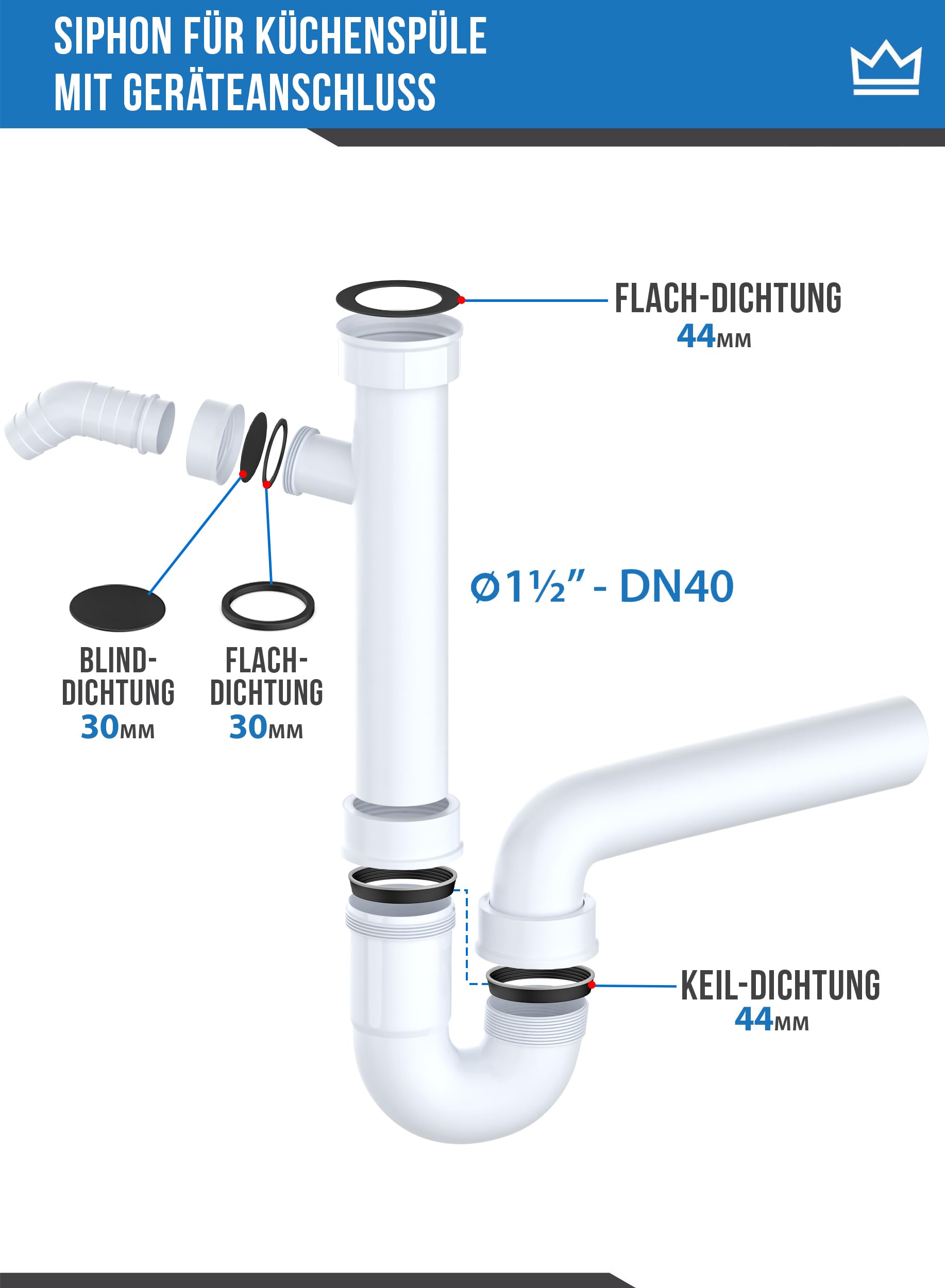 Jiaoshou Kit 18 Joints Vidange Lavabo Siphon 1 1/2" - Joints Cuisine 40/45/56 Mm Avec Cunéiformes Et Plats