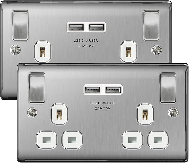 2xBG Electrical Masterplug Brushed Steel Double Switched Socket with USB Outlets NBS22UG