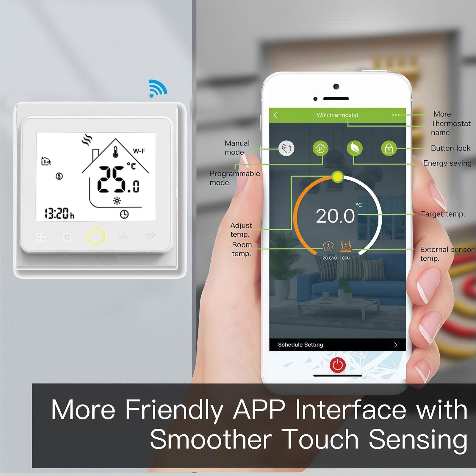002 Serie Wi-Fi Termostato - Termostato con Pantalla Táctil Programable para Calefacción o Aire Acondicionado - Control Remoto Desde Teléfono Móvil Compatible con Alexa, Google Home e IFTTT