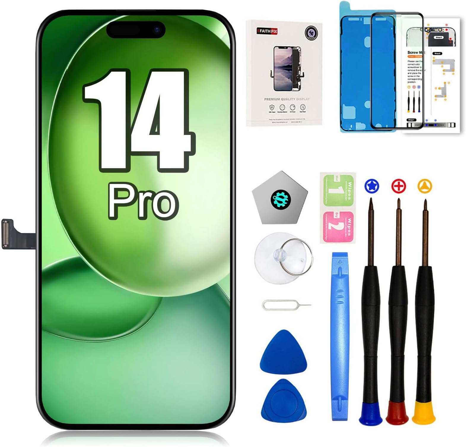 EFAITHFIX for iPhone 14 Pro Screen Replacement 6.1 Inch LCD 3D Touch Display Full HD Digitizer Frame Assembly (A2650, A2889, A2890, A2892) with Repair Tools kit Screen Protector Waterproof Adhesive