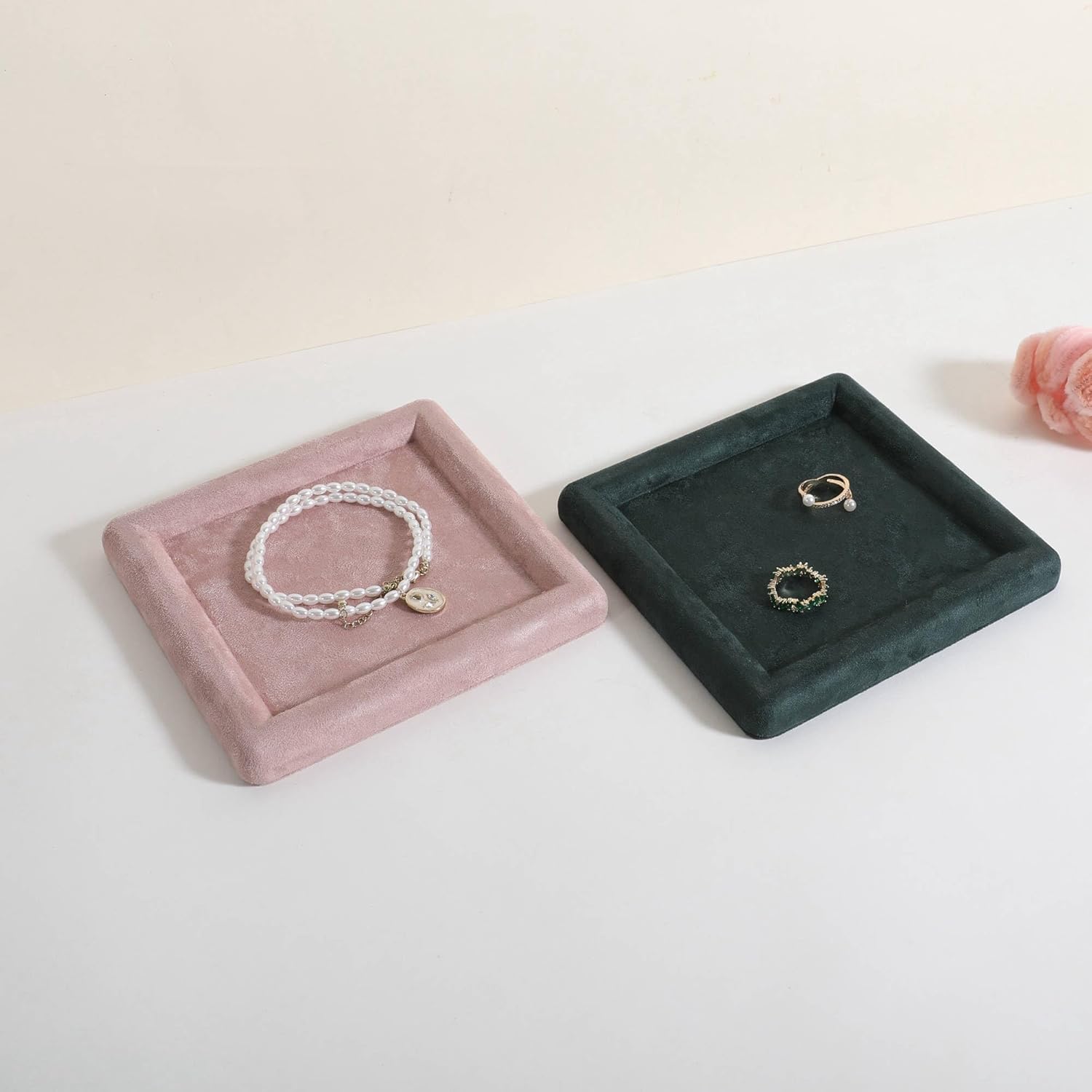 GemeShou Square velvet Jewerly display tray, Jewelry storage organizer plate, Empty Jewelry showcase tray for Necklace Bracelet Ring Earring display stand holder (Pink-Medium, 5.9 x 5.9 in) - Image 2