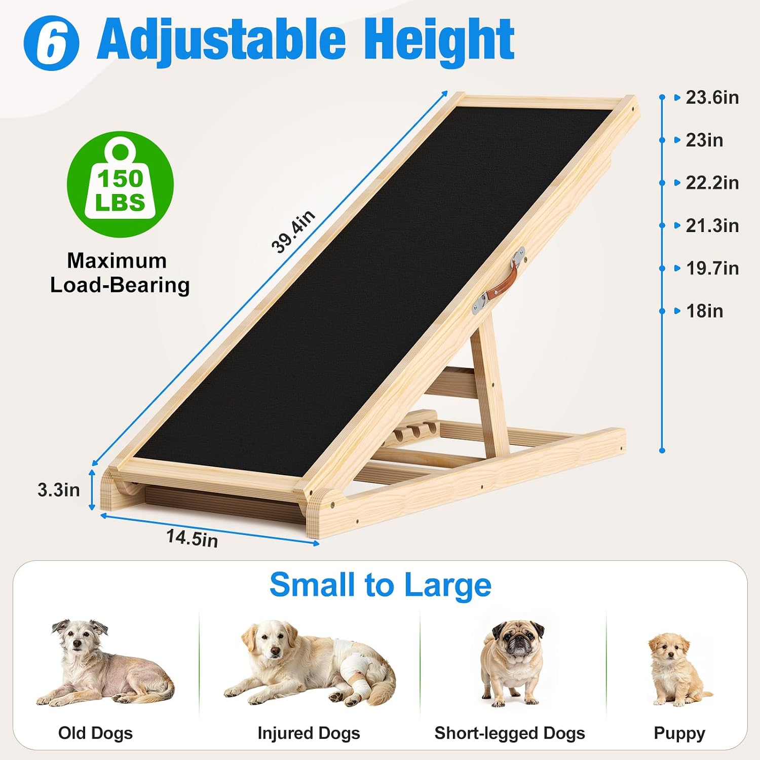 Tresbro Dog Ramp for Couch, 39.4'' Long 18''-23.6'' Height Pet Ramp | 6 Adjustable Height, Anti-Slip & Easy Clean Surface Mat, Capacity Up to 150LB, Easy to Store & Portable, Promote Joint Health