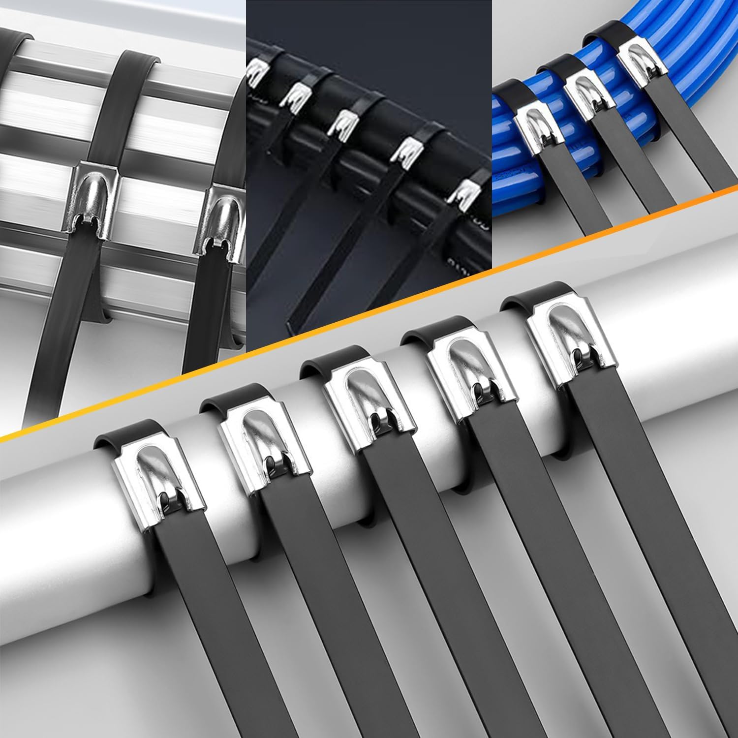 Stainless Steel Cable Tie Gun Set, with 150PCS Black Metal Zip Ties (50 Each of 7.8, 9.8, 11.8 Inch), Adjustable Fastening Cutting Tie Tool Sets for Fencing, Exhaust Pipes, Automotive