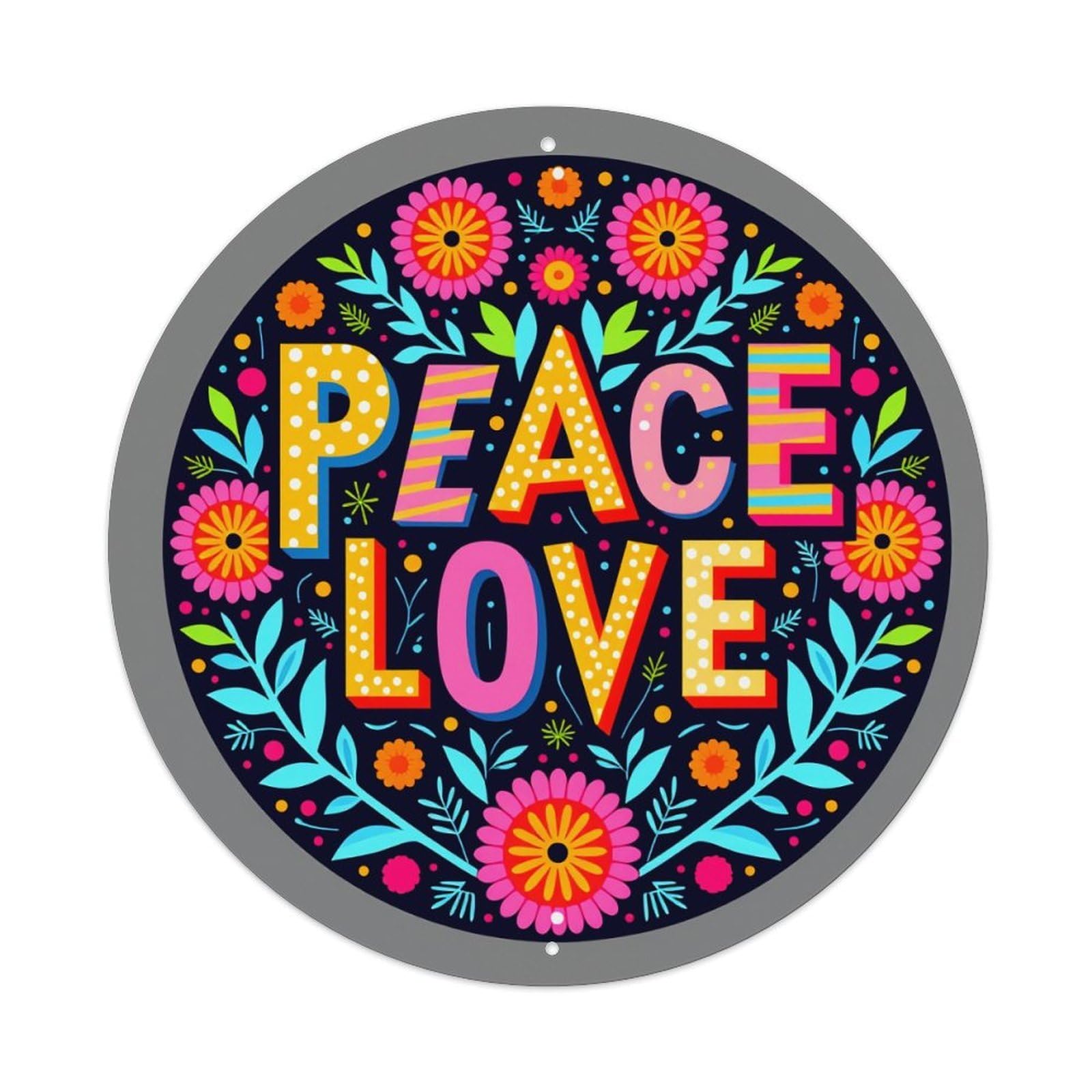 Peace Love Floral Pattern Print Round Tin Sign Vintage Style Metal Sign Home Bar Garden Wall Plaque Decor Metal Poster 8x8 Inch