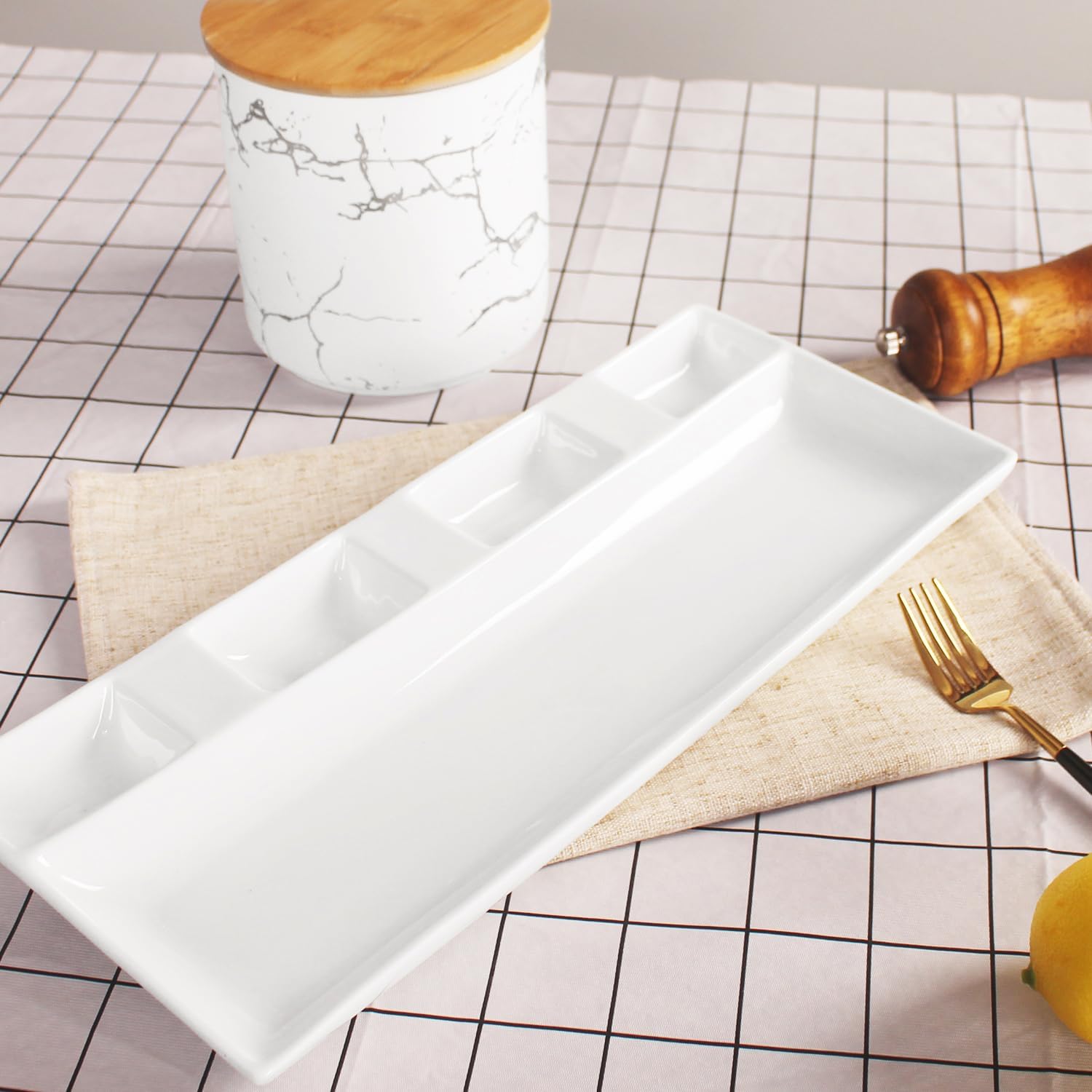 Chip and Dip Serving Set Porcelain Tray Deep Divided Bowl,Set of 2 Divided Platters/Divided Bowls,Lunch&buffet tableware,for Dishwashers,microwaves,ovens safety 13.9 Inch - Image 3