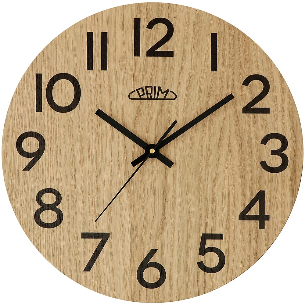 PrimGenuine Design Wooden Wall Clock, Design Wooden Clock, Light Wood/Black, Arabic Numerals, Precise Quartz Movement, Silent No Ticking, Made in EU, Diameter 310 mm, Office, Living Room