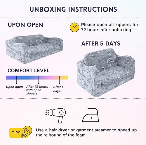 Miniatura 73 de MeMoreCool Sofá de dinosaurio para niños, silla plegable para niños pequeños, sofá cama convertible que brilla en la oscuridad, salón plegable para