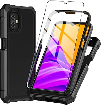 Samsung Galaxy Xcover 7 Pro用携帯電話ケース、強化ガラススクリーンプロテクター付き、スリムソフトシリコンフルボディ保護カバーブラック