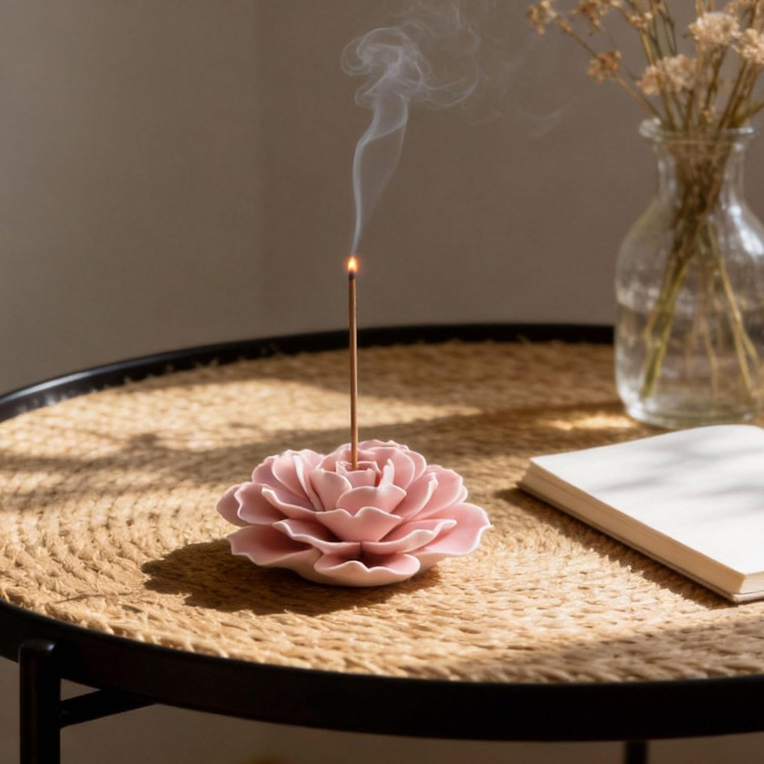 Bitray Ceramic Lotus Incense Holder Pink Flower Ash Catcher for Meditation