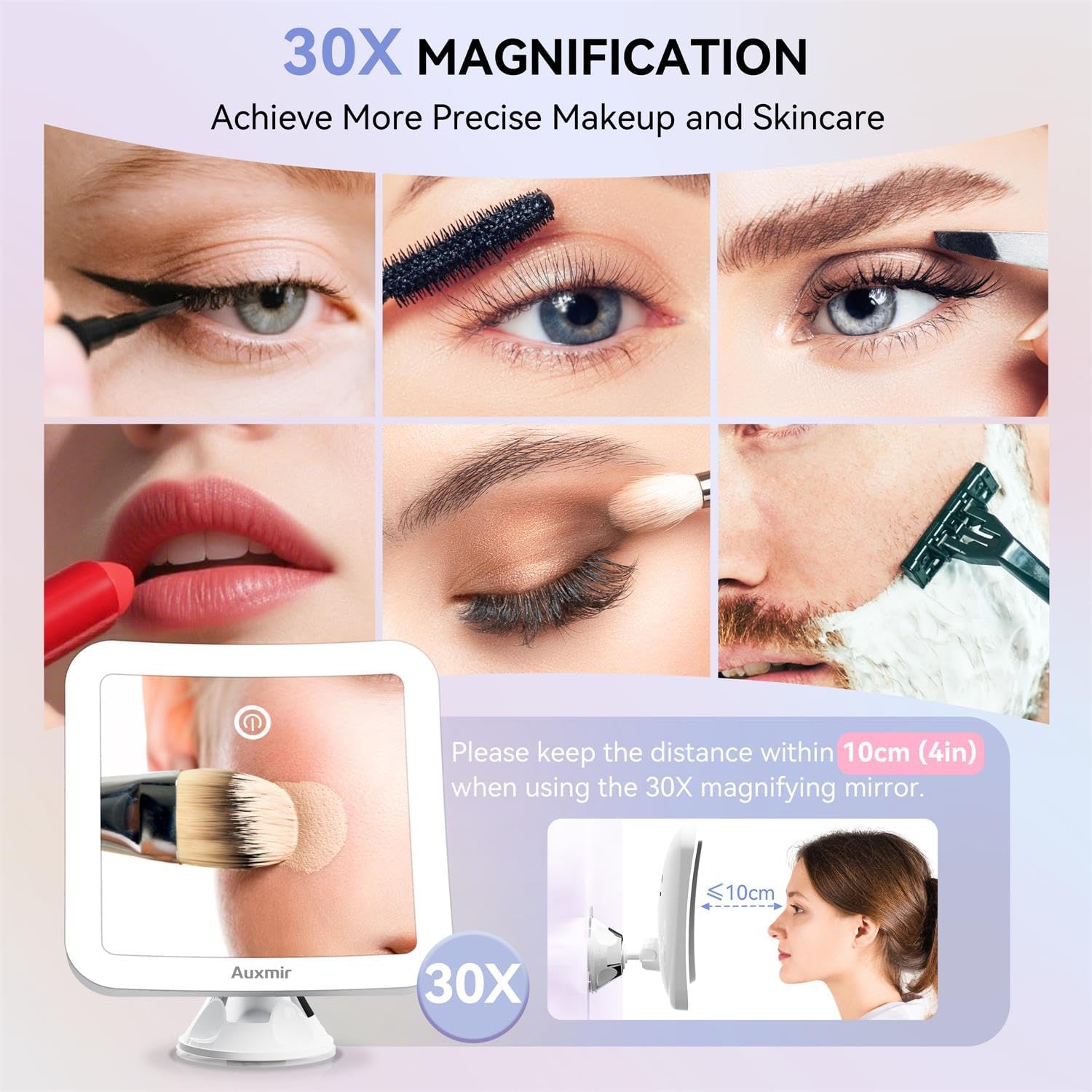 Auxmir Make-up Mirror with Lighting 30X Magnification and Suction Cup, LED Make-up Mirror USB Rechargeable 2000mAh