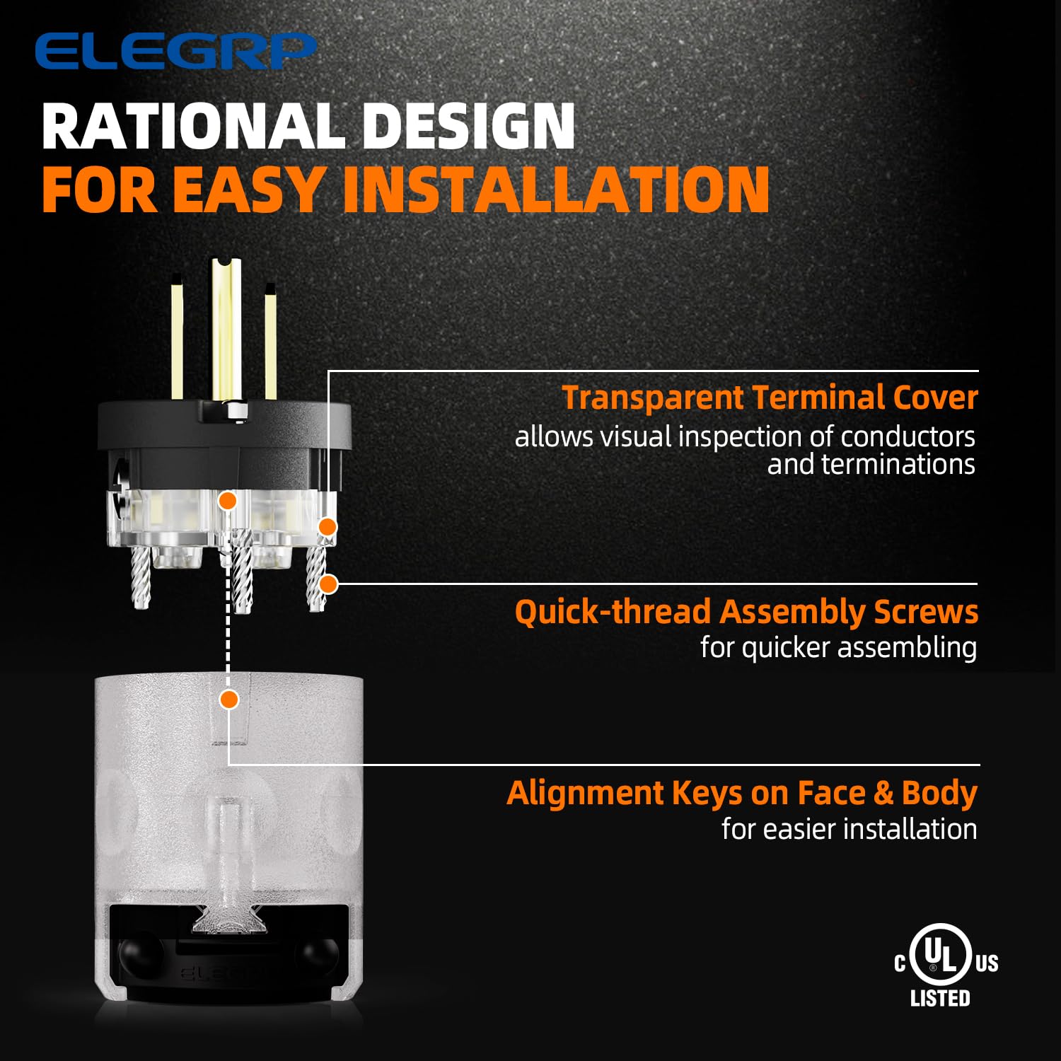 ELEGRP Lighted Straight Blade Electrical Plug and Connector Set, 15 Amp 125 Volt NEMA 5-15P NEMA 5-15R 2 Pole 3 Wire Grounding, Commercial Grade, Black, 4 Set