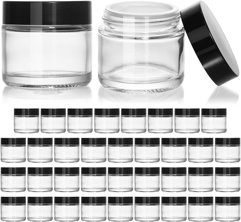 KEYWING Frascos Recarregáveis de Vidro Transparente para Cosméticos com Tampas Pretas, Pacote com 35