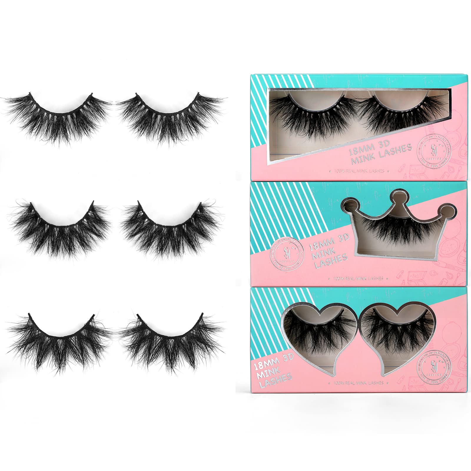 18mm Mink Lashes Natural Look 3D Real Mink Eyelashes Fluffy False Eyelashes Wispy Handmade Luxury Volume Fake Eye Lashes (3 Pairs, Doll Honey Queen)