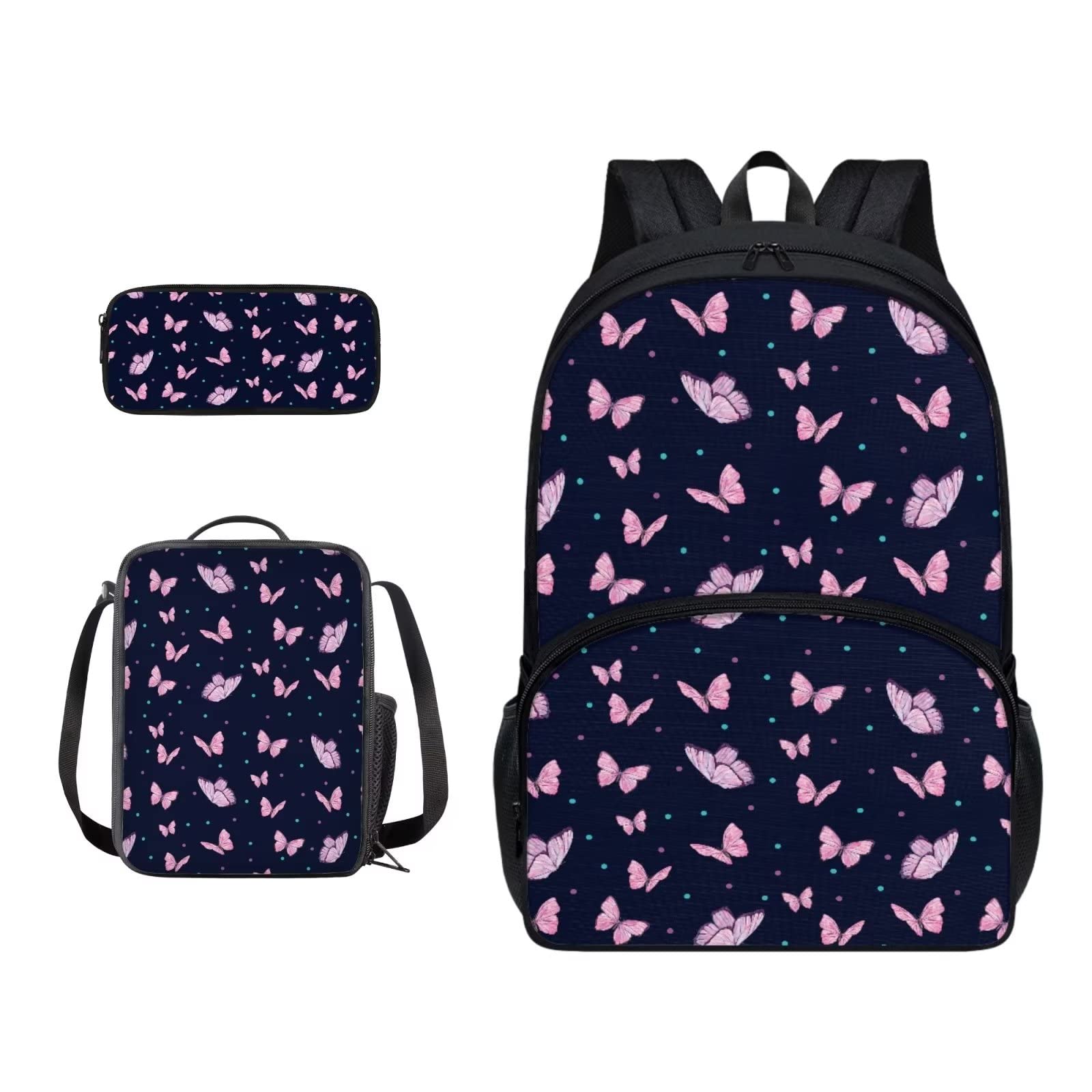 Poceacles Schultasche und Lunchbox-Set für Teenager, Jungen, Grundschule, Büchertasche, Federmäppchen für Grundschulkinder, Schmetterlinge und Punkte, Einheitsgröße