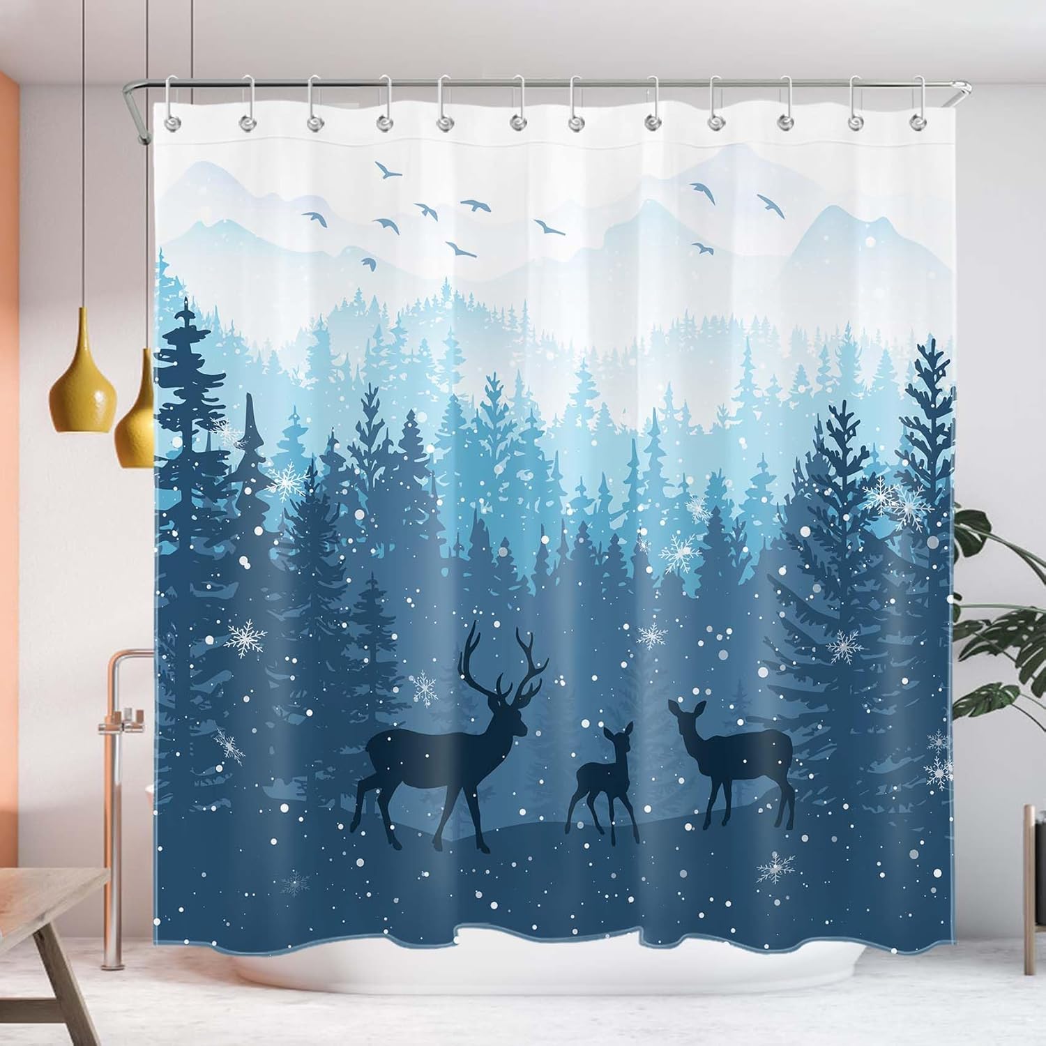 MASLEK Rustic Deer Shower Curtain, Woodland Pine Tree Cabin Lodge Bathroom Decor, Winter Forest Bathroom Curtain with Hooks, 72 x 78 Inch
