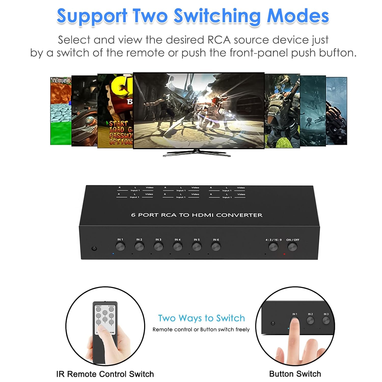 6-in-1 RCA/AV to HDMI Converter | Compatible with PS1/PS2/PS3, Xbox, Wii, N64, Sega, VCR, DVD Players | 1080P Output, Supports 16:9/4:3 Aspect Ratio & PAL/NTSC