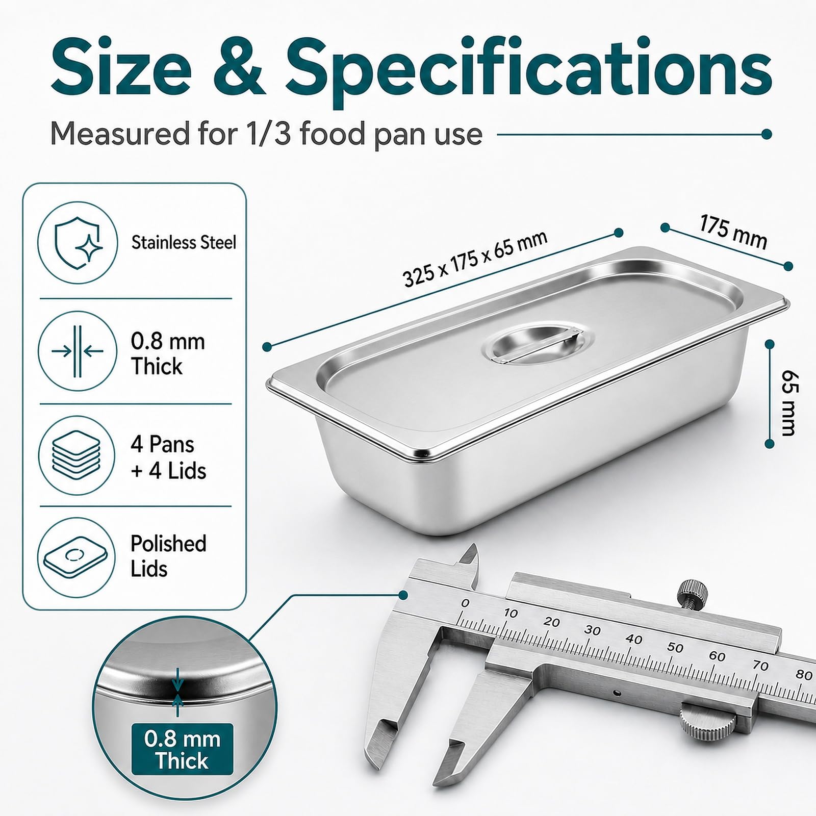 WOPPLXY 4 contenitori per gastro, 32,5 x 17,5 x 6,5 cm, in acciaio inox con coperchio, contenitore GN 1/3 per carne e pesce