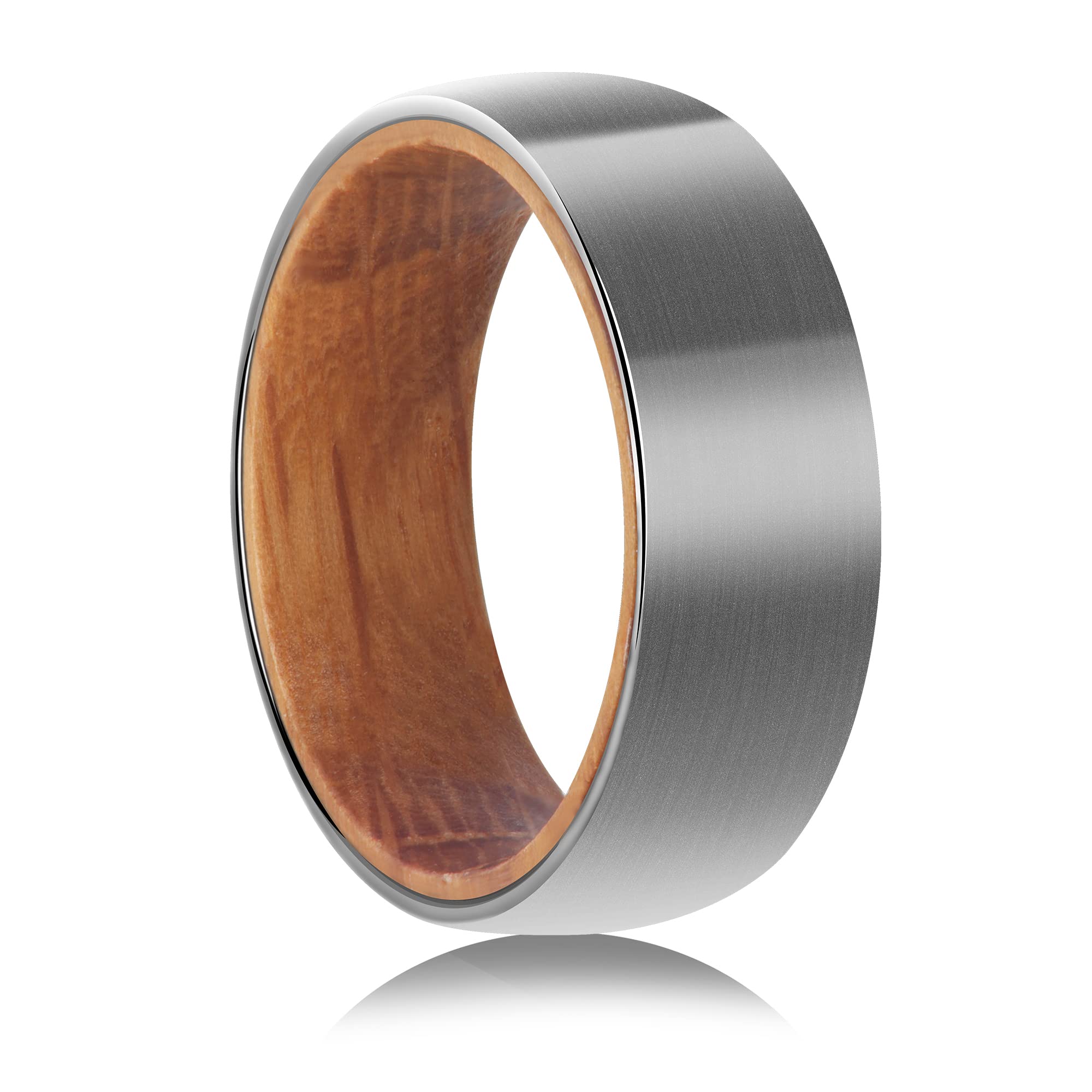 JEWPER Tungsten Rings for Men Womens 8mm Black Silver Fashion Promise Wedding Band Carbide Inner Hole Inlaid Whiskey Barrel Wood Chamfer Frosted Matte