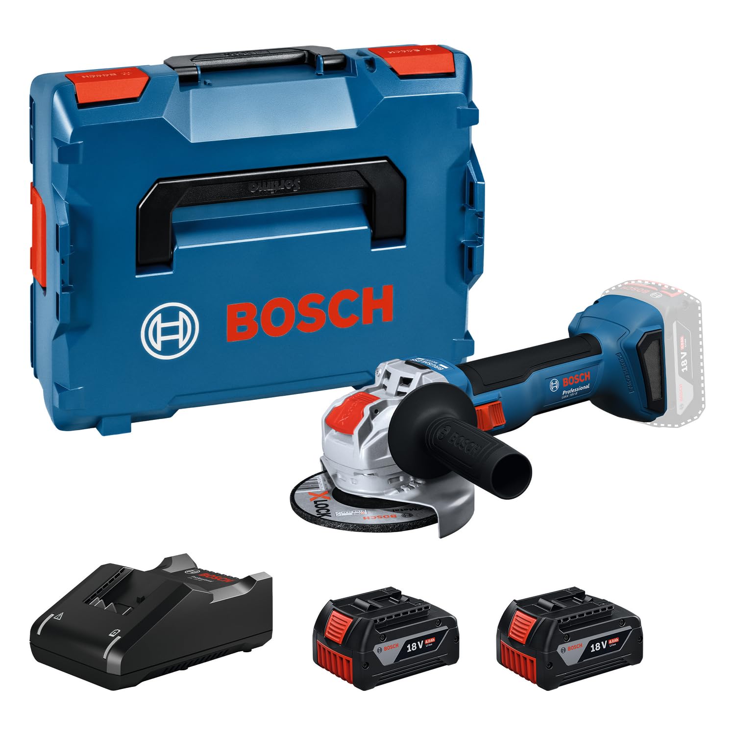 Bosch Professional GWX 18V-8 Battery Angle Grinder with X-LOCK (Incl. 2 GBA Batteries 18V 4.0 Ah, GAL 18V-40 Quick Charger, Auxiliary Grip, Protective Cover, L-BOXX 136)