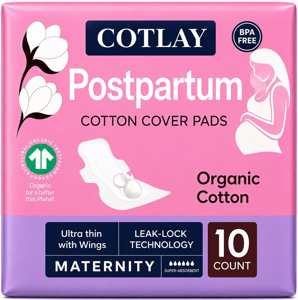Cotton Postpartum Pads | Thin, Ultra Absorbent and Long Pads with Wings 20 Count | Organic Cotton Maternity Pads | Pads for Postpartum Bleeding | Post Partum Pads