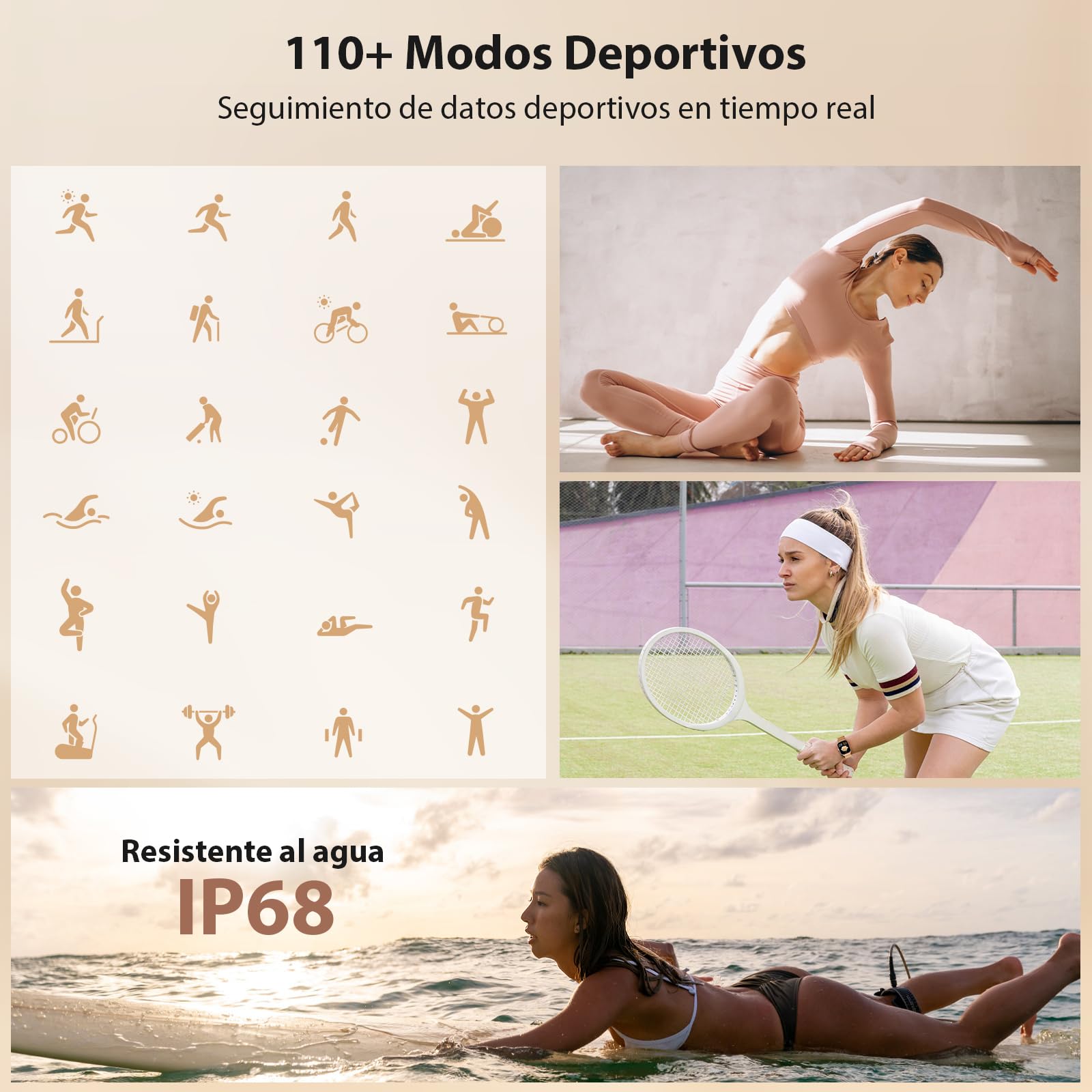 Yoever Reloj Inteligente Mujer, 1.85" Smartwatch Mujer con Llamadas y Whatsapp Notificación, SpO2/Pulsómetro/Sueño/Podómetro, 110 Modos Deporte, IP68 para Android iOS Dorado