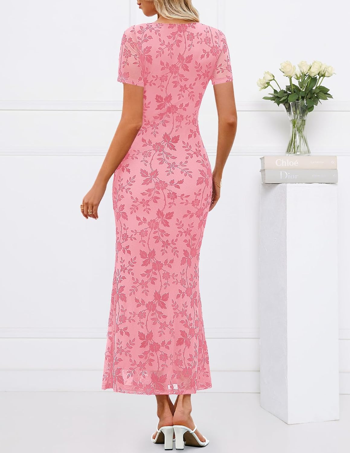 MEROKEETY Women Summer Floral Bodycon Maxi Dress 2026 Spring Wedding Guest Square Neck Short Sleeve Mesh Cocktail Party Dress