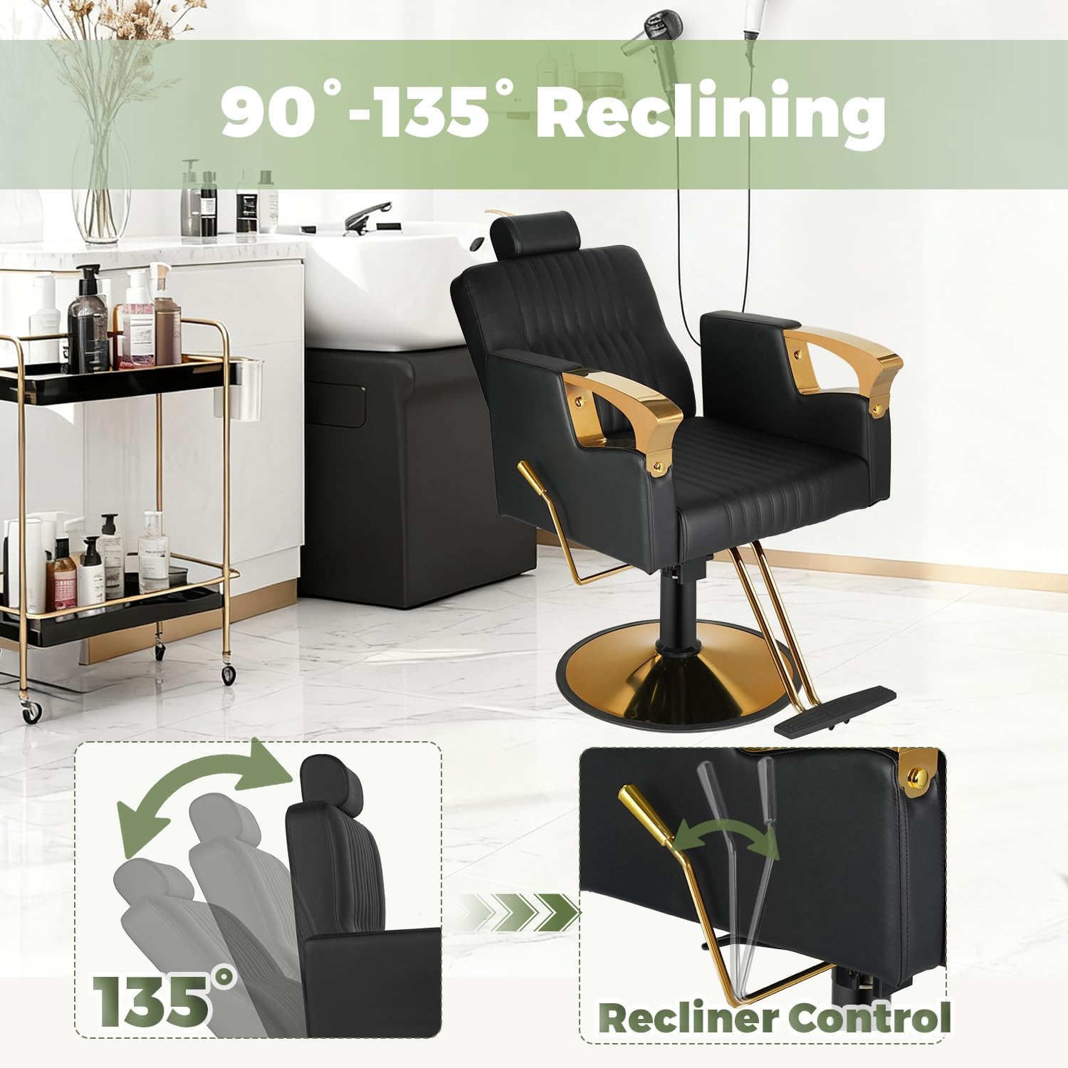 Black Reclining Salon Barber Chair with Hydraulic Pump, Adjustable Headrest, Hair Chair for Hair Stylist Spa Shampoo Chair for Barbershop Home, Beauty Salon, Spa or Tattoo Studio