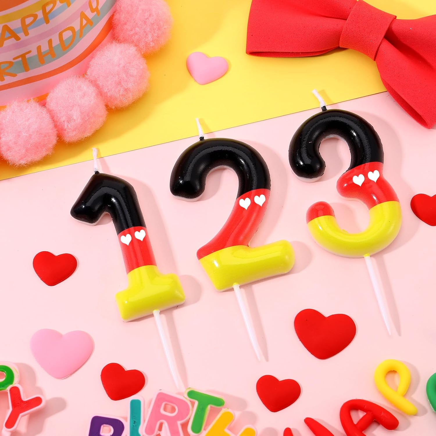 DERTE Red Black Number Birthday Candle for Boys Girls Red Mouse Cake Topper