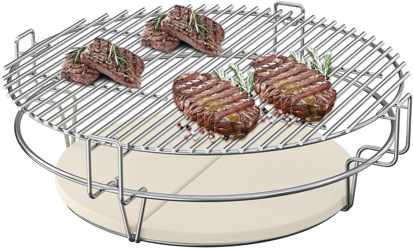SafBbcue Upgraded Grill Grate for Kamado Joe Classic & Other Kamado Grill, 18 Inch Cooking System Kit for Large Big Green Egg BGE Charcoal Grill, Flexible Grill Grate Base Set with Heat Deflector
