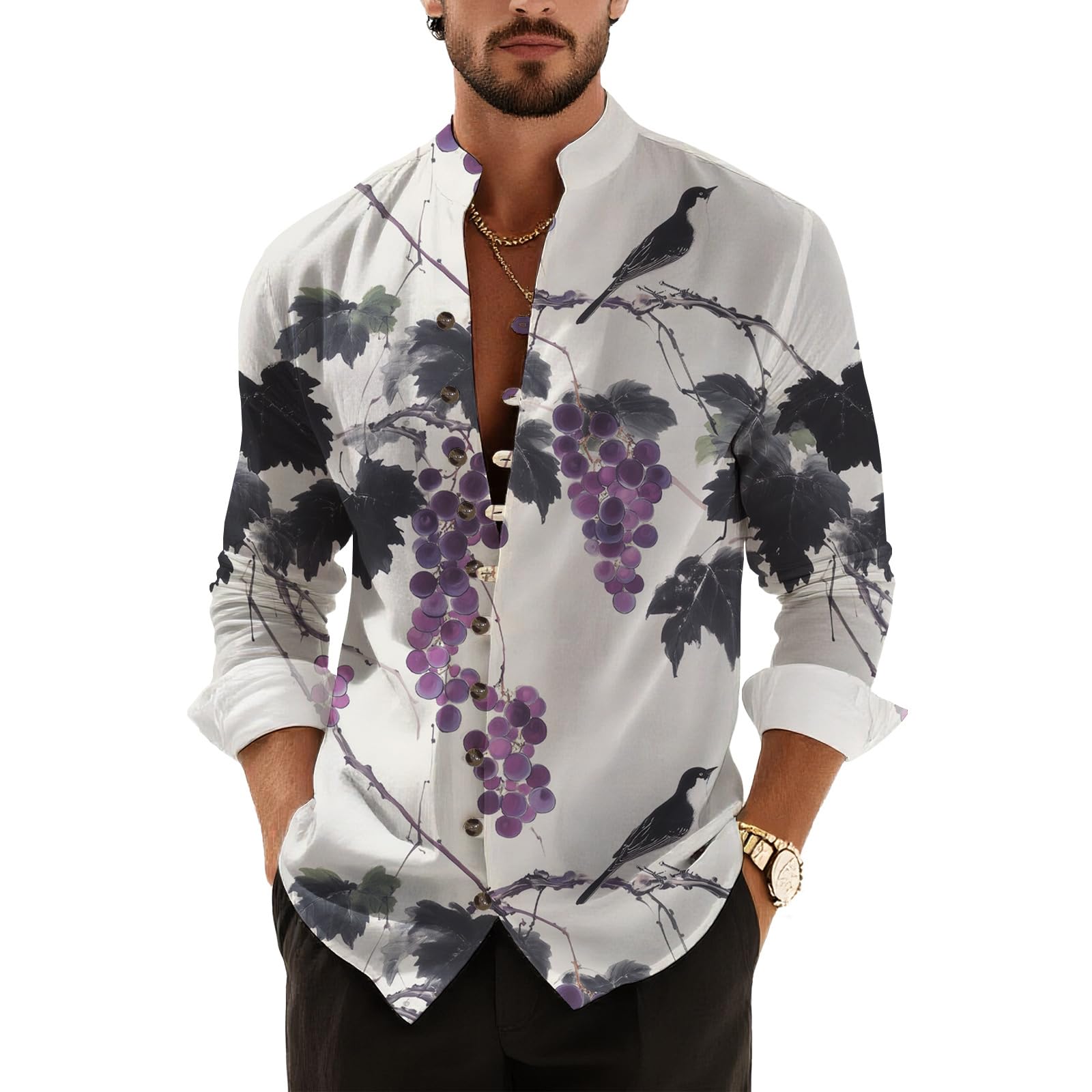 Mens Graphic Button Down Shirts Stand Collar Artistic Print Long Sleeve Wrinkle Free Henley Shirts Fall Fashion Tops