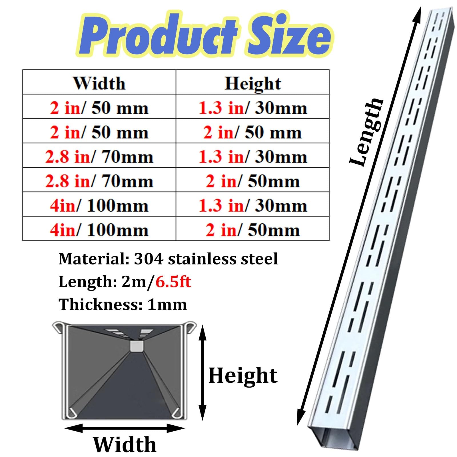 Genérico Kit de Drenaje para Patio Exterior - Drenaje francés de Zanja Delgada de 2", 2.8" y 4" de Ancho, canaleta para Entrada de vehículos, canaleta de Canal Poco Profundo con Conectores (Ancho 2 p