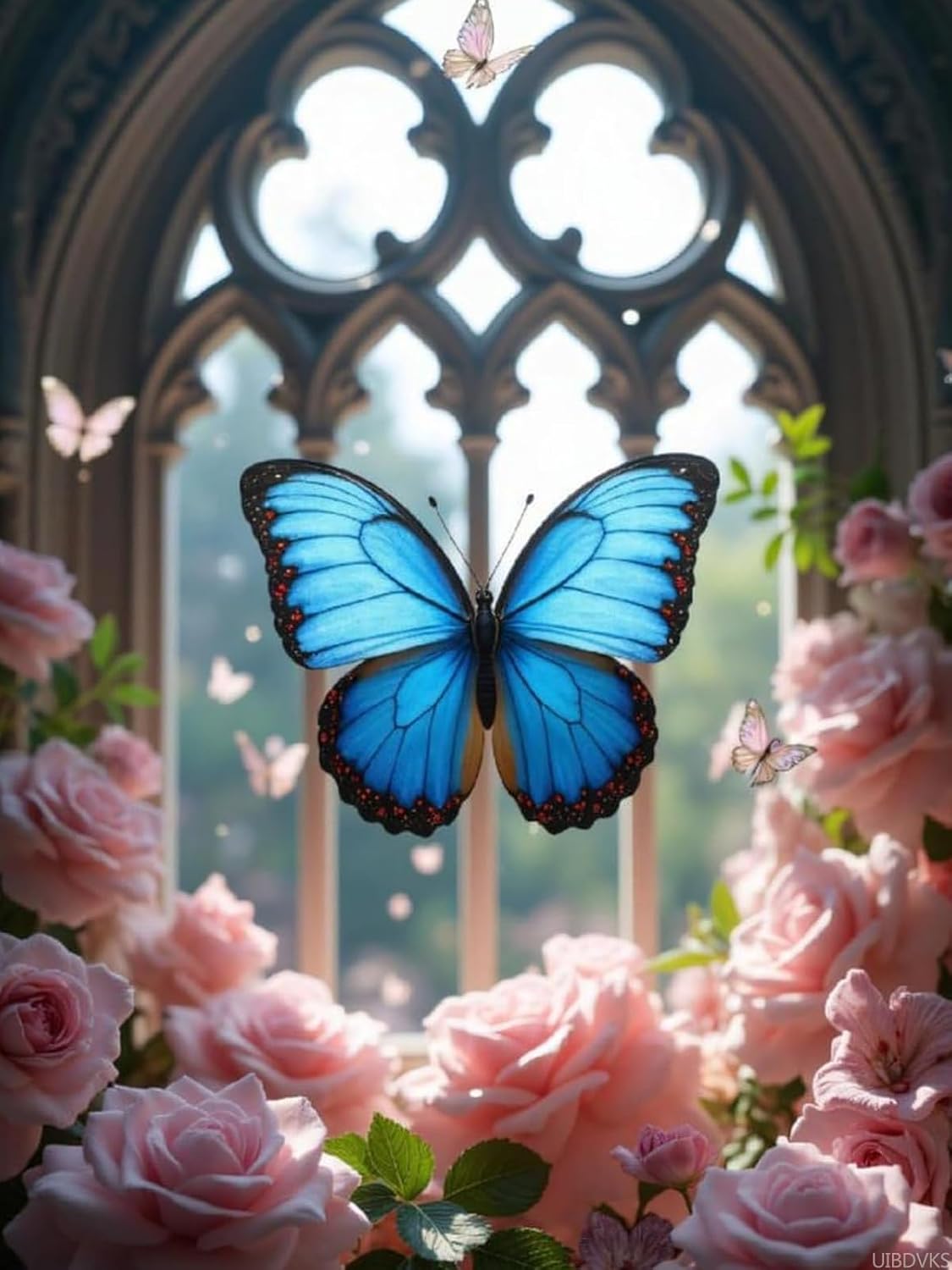 UIBDVKS Diamond Art Kits for Adults Butterfly Garden Window Roses Fluttering DIY Frameless Diamond Painting Kits for Adults Beginner, 12x16 in Diamond Painting Kit for Home Wall Decor