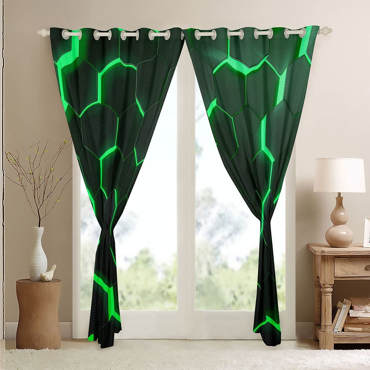 Honeycomb Curtains for Bedroom Green Hexagonal Window Treatment Abstract Beehive Window Drapes Ultra Soft Decor Window Draperies for Kids Boys Girls Adults W46*L54 - Image 4