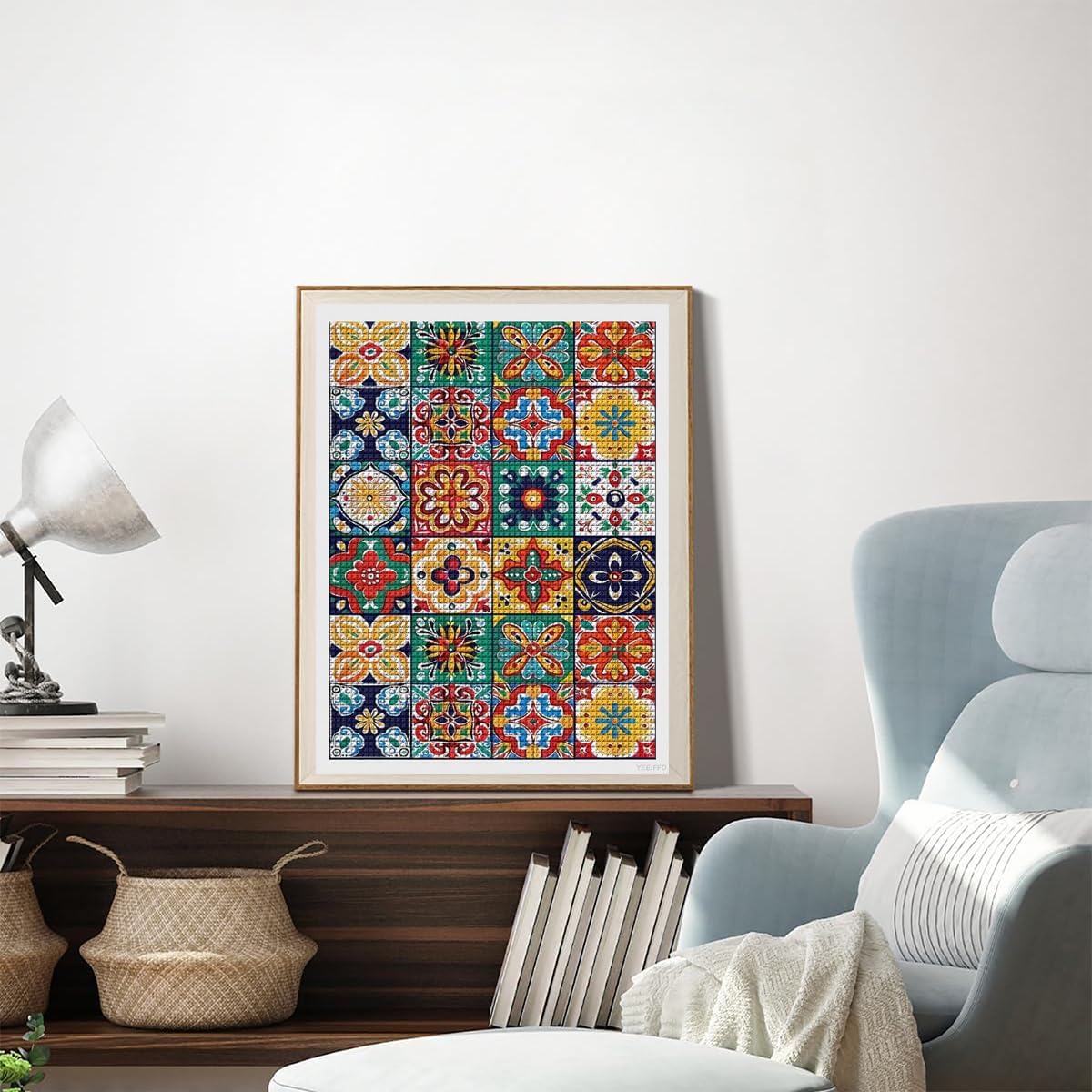 YEEIFFD Talavera Mexican Tiles Diamond Painting Kits Round Drill Cross Stitch Pictures Wall Art Decor 12"x16"