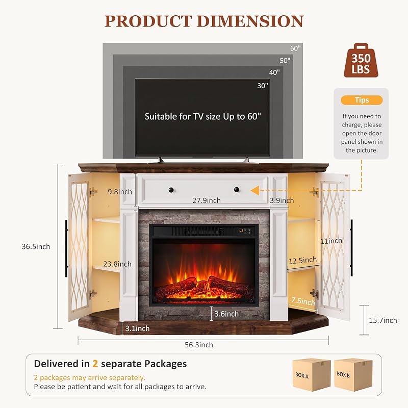 HolliWill 56" Corner Fireplace TV Stand with Outlet/LED Lights, White/Brown image 2