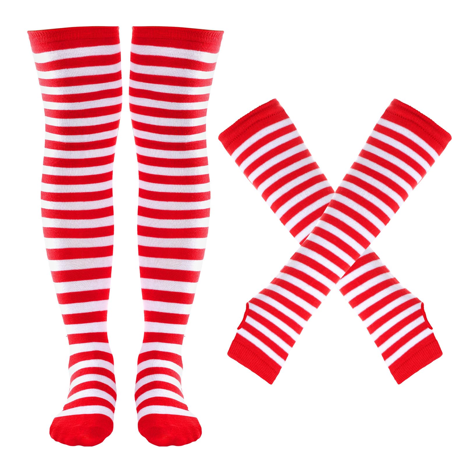 Tongcloud Women's Striped Knee High Socks, Over Knee Thigh High Socks, Arm Warmer and Fingerless Gloves Set