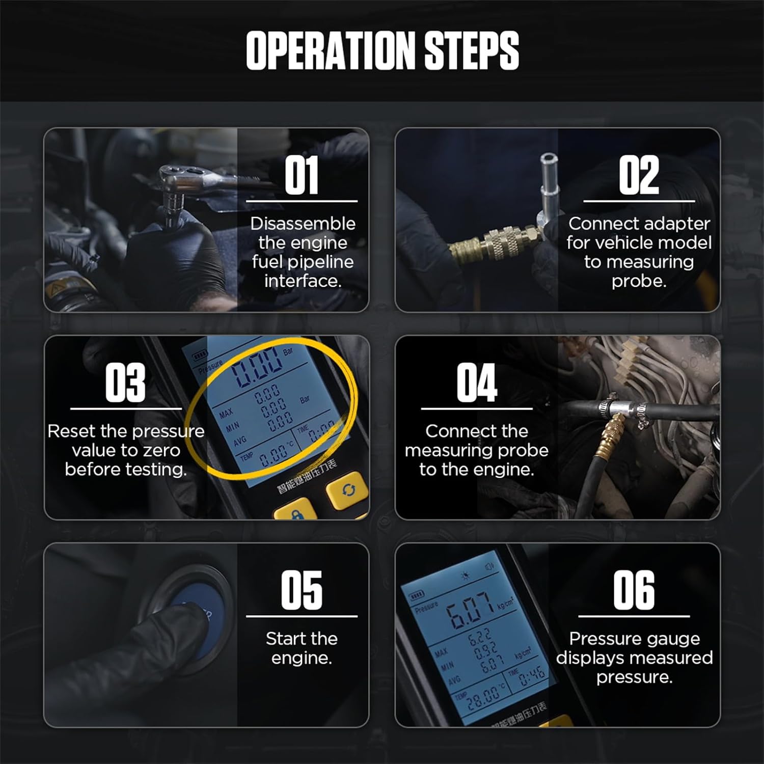 PT635 Fuel Pressure Tester, Digital Gauge Kit with 2.8″ Backlit Screen, 0-426.6 PSI, Data Hold, 18pcs Riveted Copper Adapters for Gas/Diesel Engine Fuel Pump & Rail Diagnostic