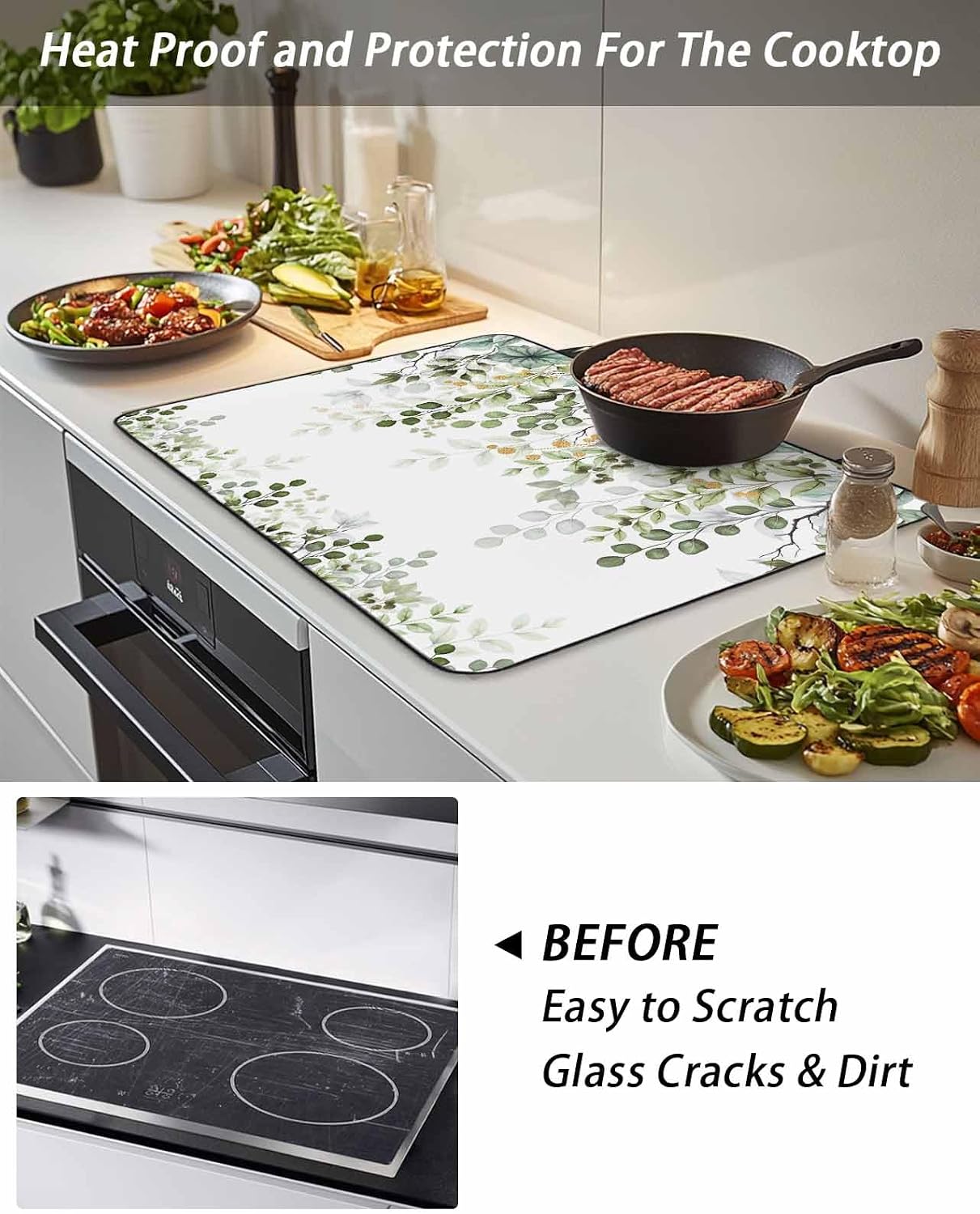 Stove Top Cover Sage Green Eucalyptus Leaves Stove Cover for Electric Stove Top Berry Branch Plant Glass Cooktop Covers Anti-Slip Mat Heat Resistant Countertop Protector Home Kitchen Decor 31"x24"