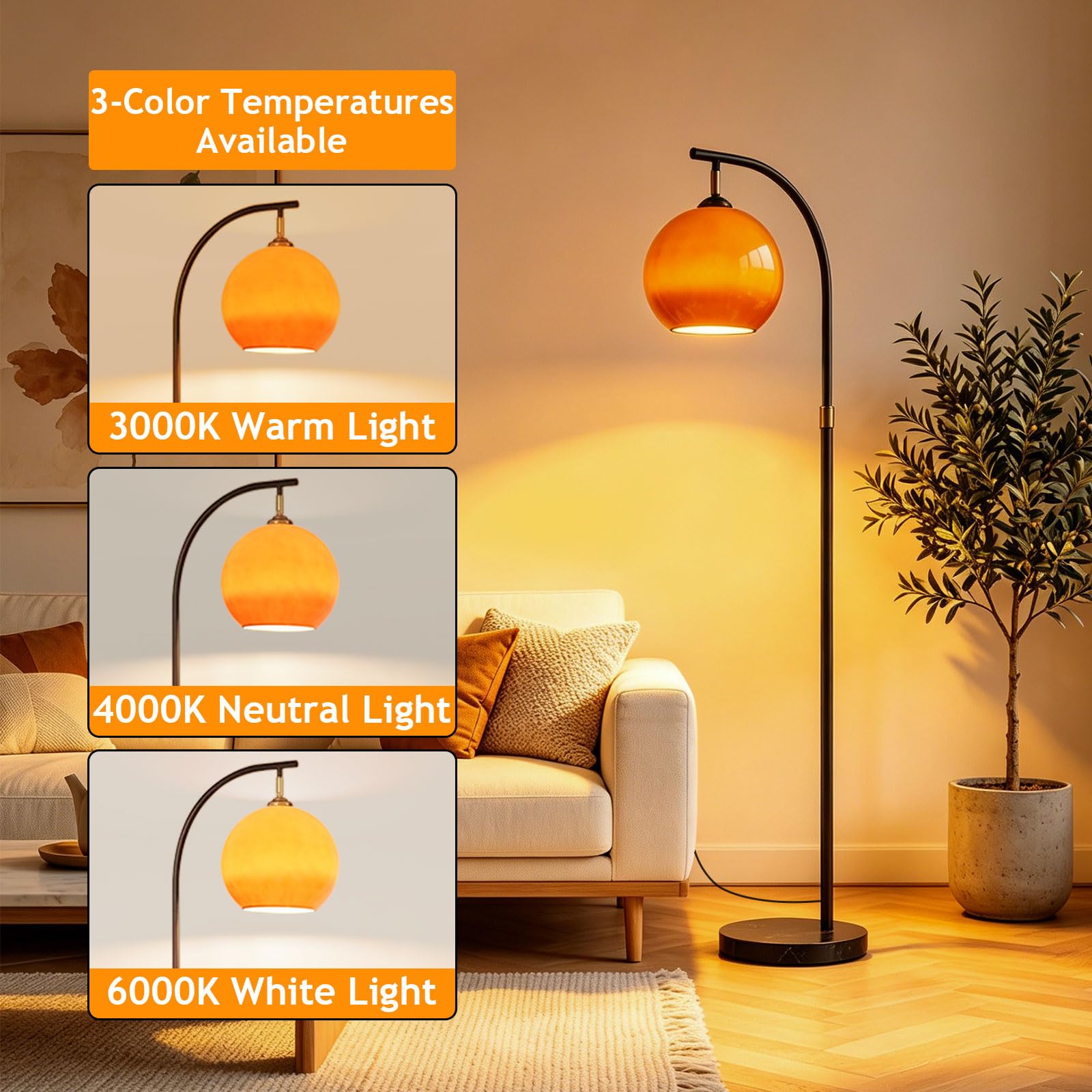 Lampe Sur Pied Arc Mid-Century Modern Orange, Hauteur Réglable, Globe En Verre, Douille E27, 3 Températures, Base En Marbre, Pour Salon, Chambre Ou Bureau (Ampoule Incluse)