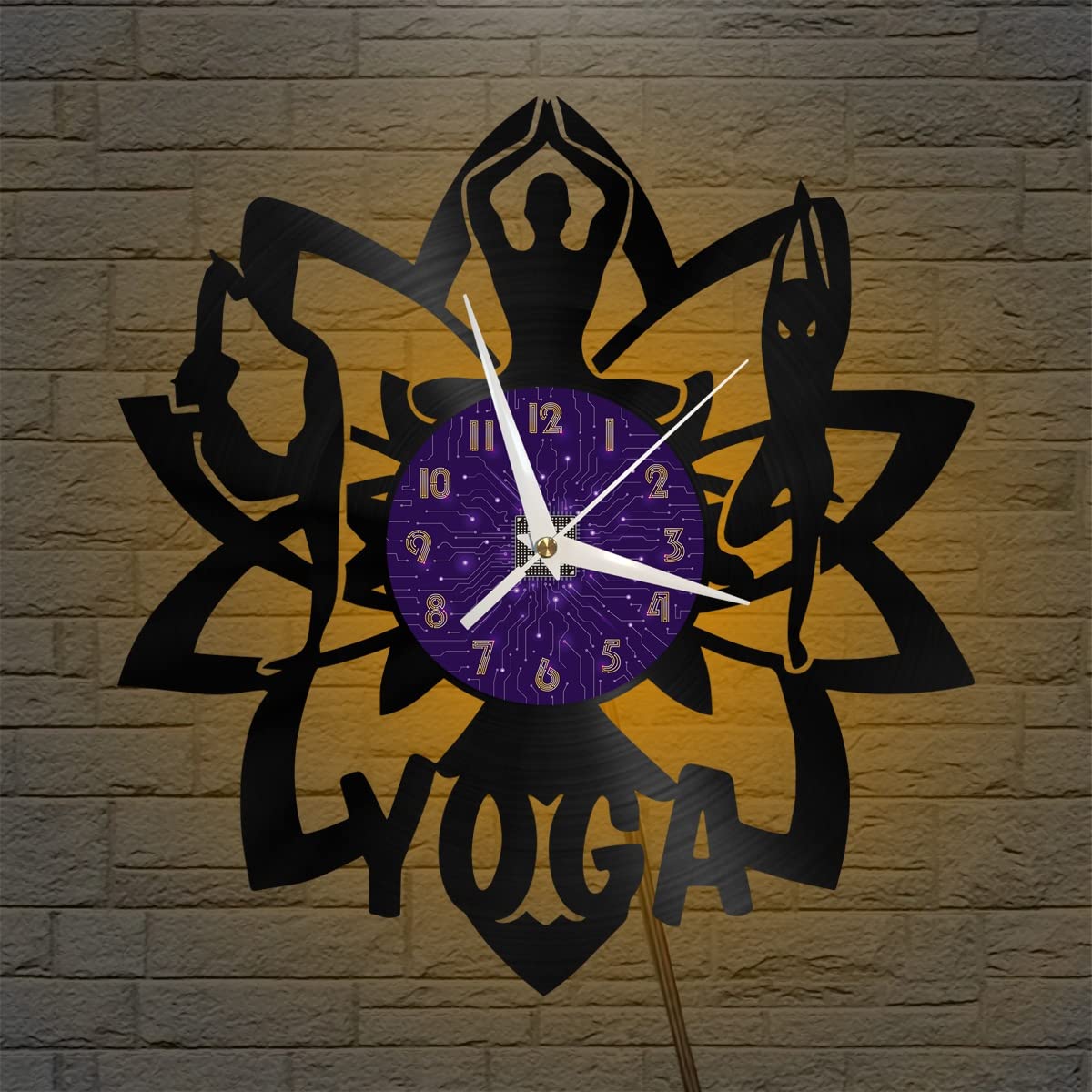 YHES Reloj de Pared de Vinilo de Yoga, Reloj de Pared de Vinilo silencioso y sin tictac (P、con luz LED