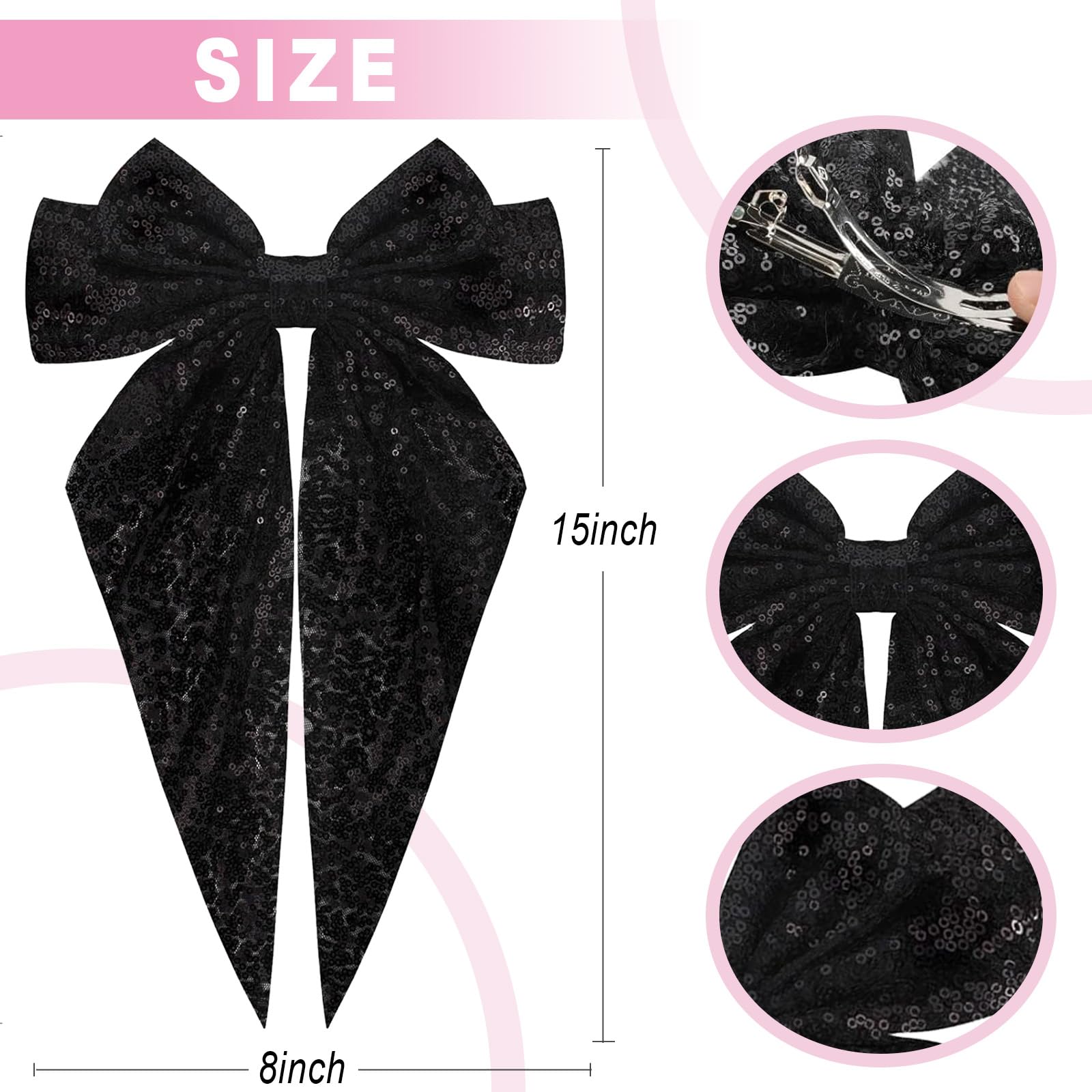 Sequin Bow Hair Clip, Double Layered Bow Design with Sparkling Sequins, 90's Accessories for Party Valentine's Day, Women - Image 2