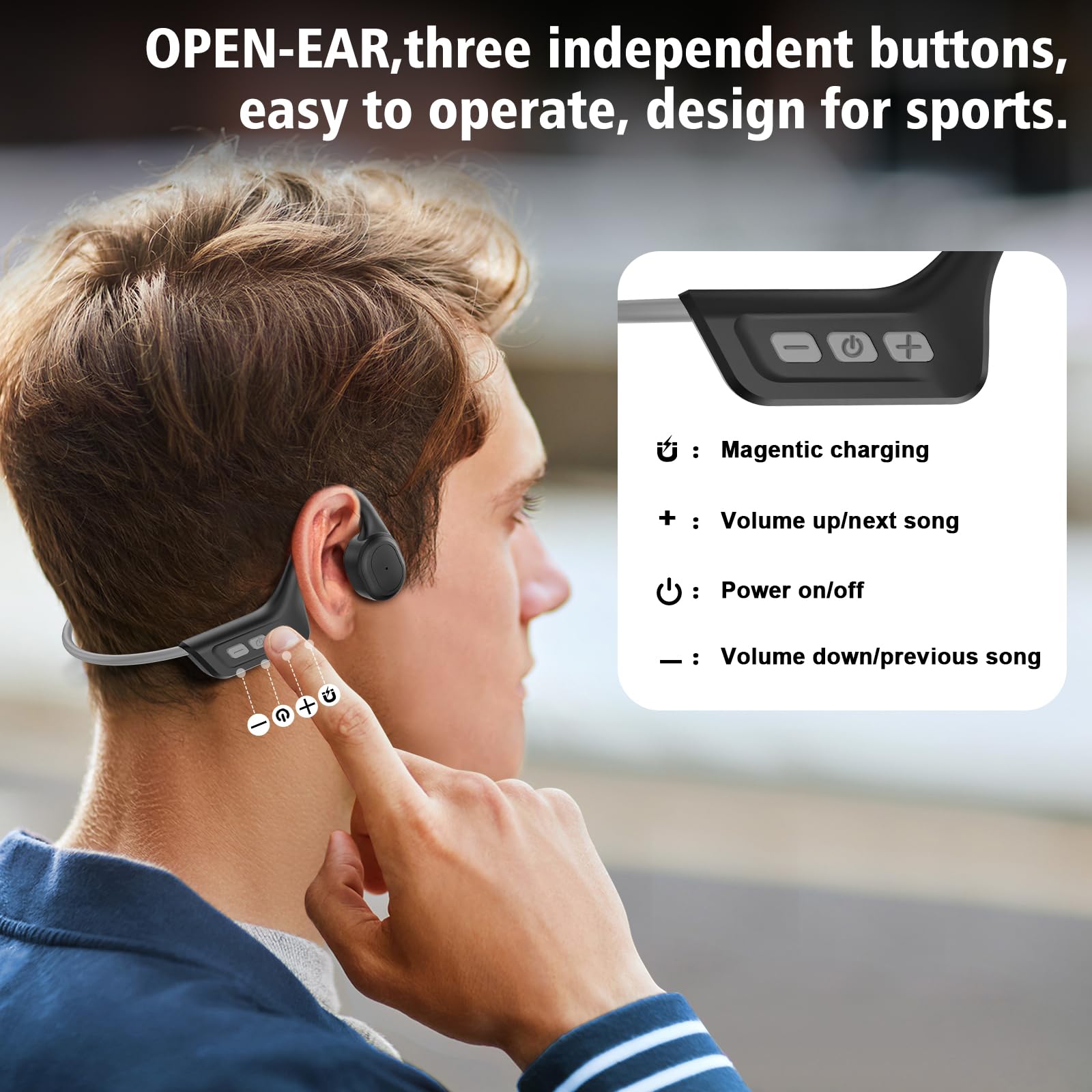 Generico Cuffie Conduzione Ossea,Impermeabilità IP67,Auricolari Wireless Bluetooth 5.3 con Microfono, Open Ear Auricolari Bluetooth per Corsa (Grigio)