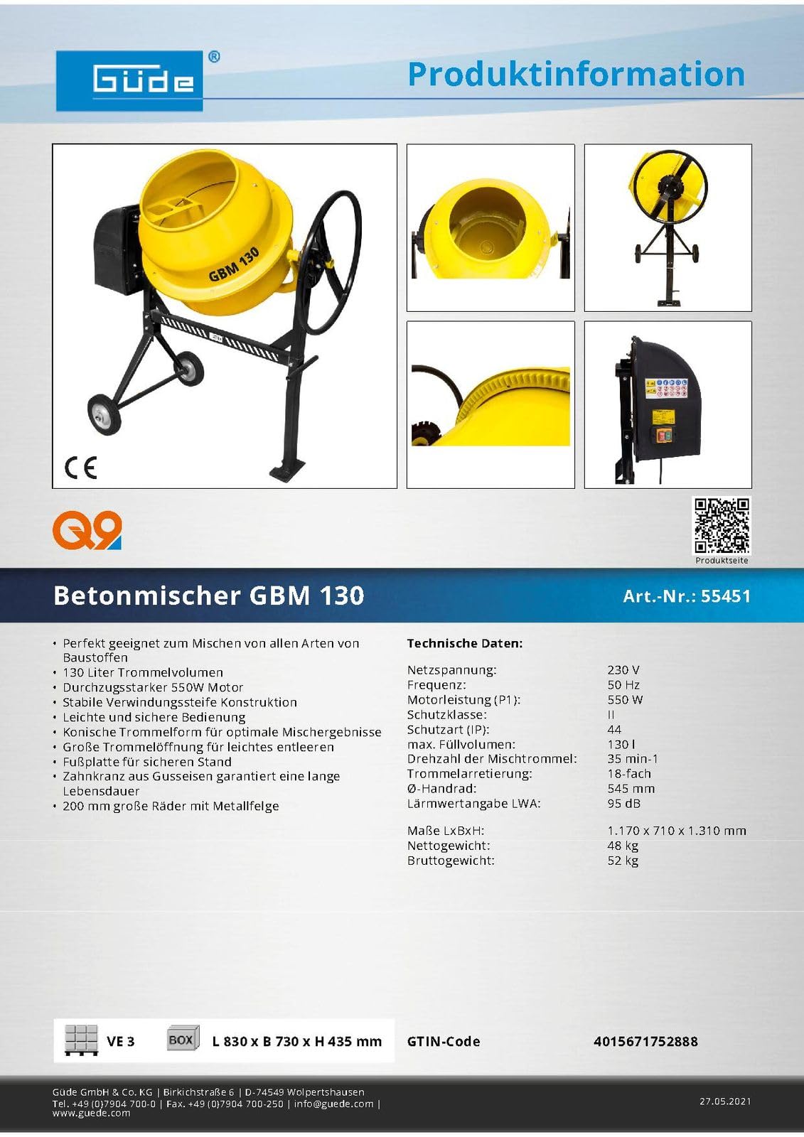 GÜDE GBM 130 Betonmischer Mörtelmischer 55451 ab sofort lieferbar