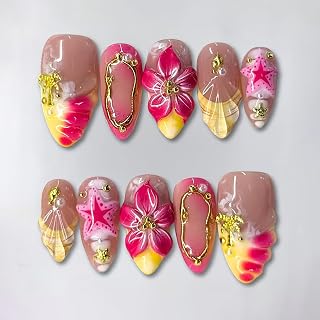 30pcs Summer Beach Press on Nails Medium Almond Fake Nails with 3D Pink Flower Starfish Rhinestones Design French Tip False Nails Cute Artificial Nails Full Cover Glue on Nails for Women DIY Manicure