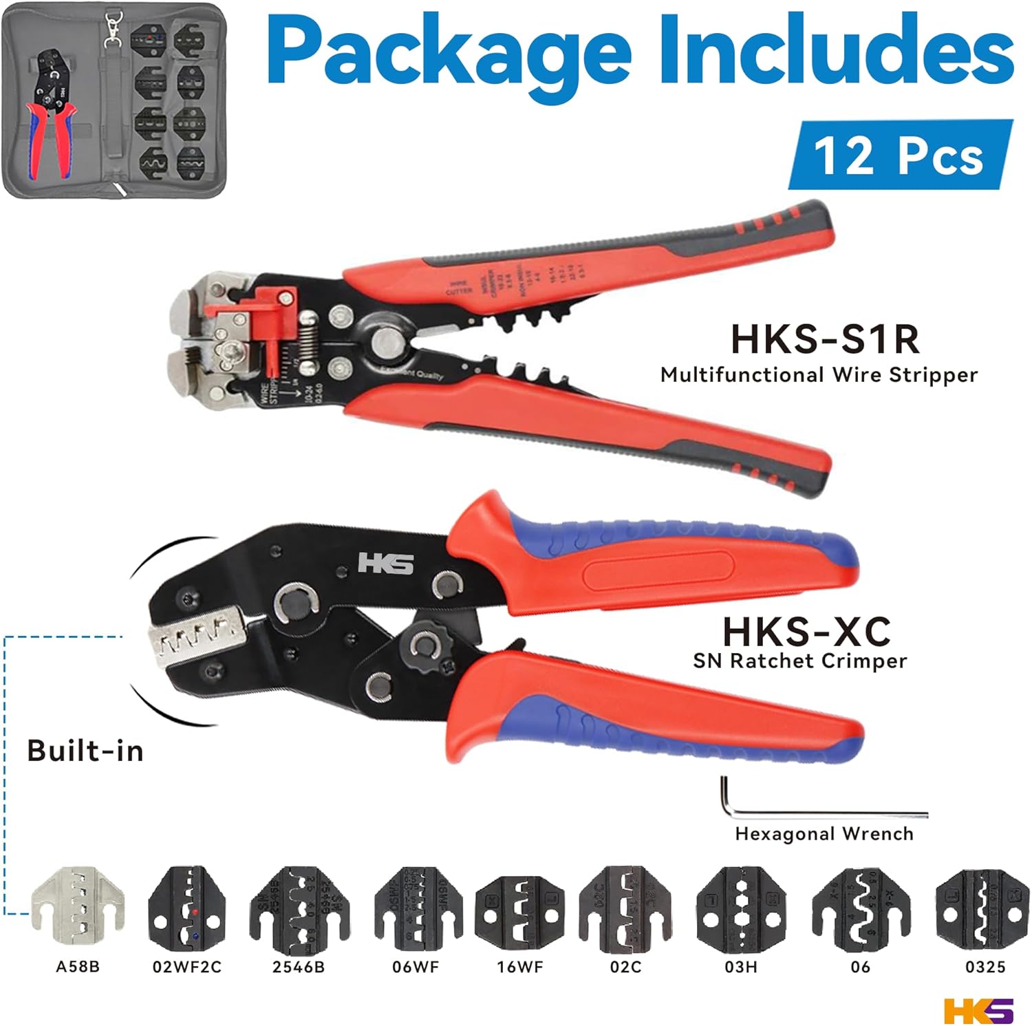 Diagram showing the HKS 12-Piece Mini Crimping Tool Set components, including the crimper, stripper, and nine types of jaws.